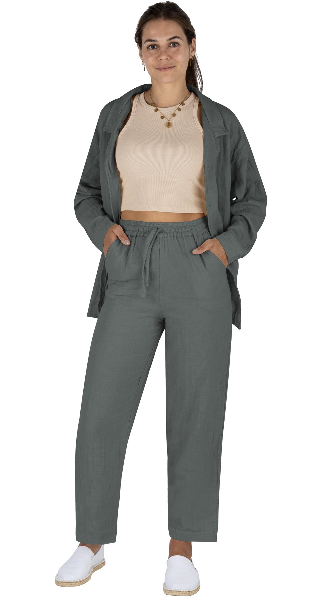 Zeige Details für Damen Musselin Hemdbluse mit langer Hose Anthrazit Bild von Damen Musselin Hemdbluse mit langer Hose Anthrazit