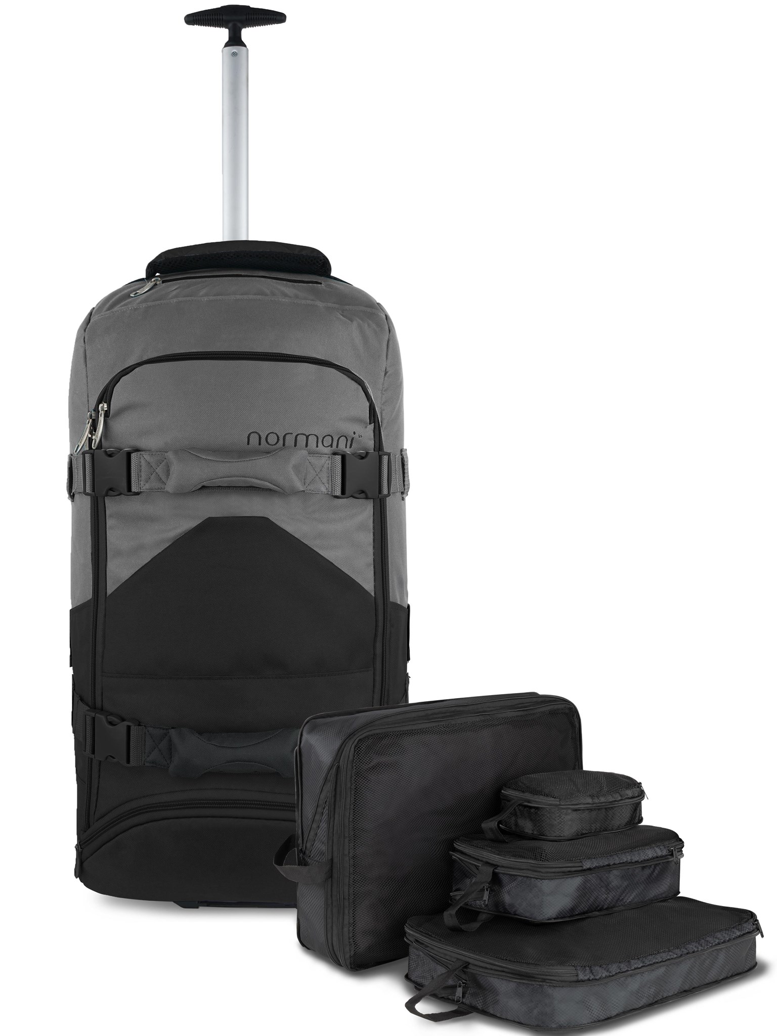 Zeige Details für Reisetasche mit Rucksackfunktion 90 L mit 4 Kleidertaschen Schwarz/Grau Bild von Reisetasche mit Rucksackfunktion 90 L mit 4 Kleidertaschen Schwarz/Grau