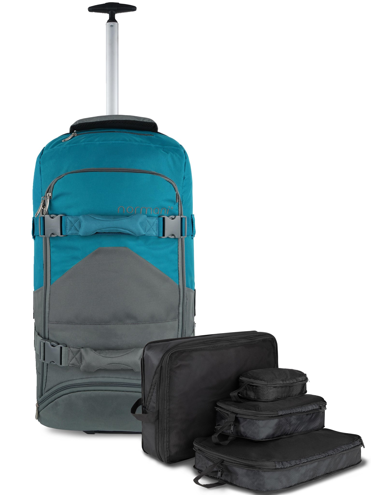 Zeige Details für Reisetasche mit Rucksackfunktion 90 L mit 4 Kleidertaschen Grau/Petrol Bild von Reisetasche mit Rucksackfunktion 90 L mit 4 Kleidertaschen Grau/Petrol