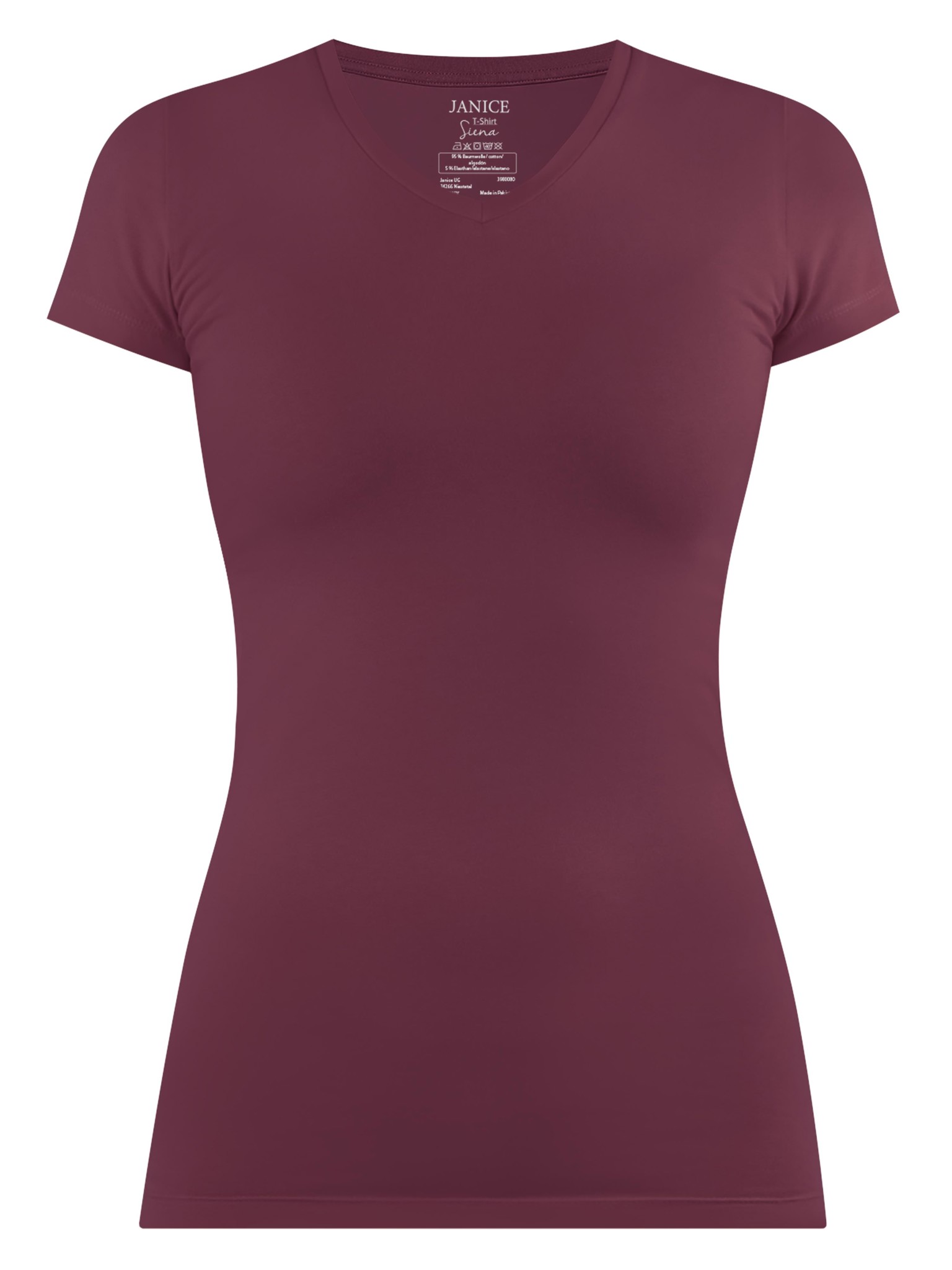 Zeige Details für Figurbetontes T-Shirt mit V-Ausschnitt „Siena“ Burgund Bild von Figurbetontes T-Shirt mit V-Ausschnitt „Siena“ Burgund