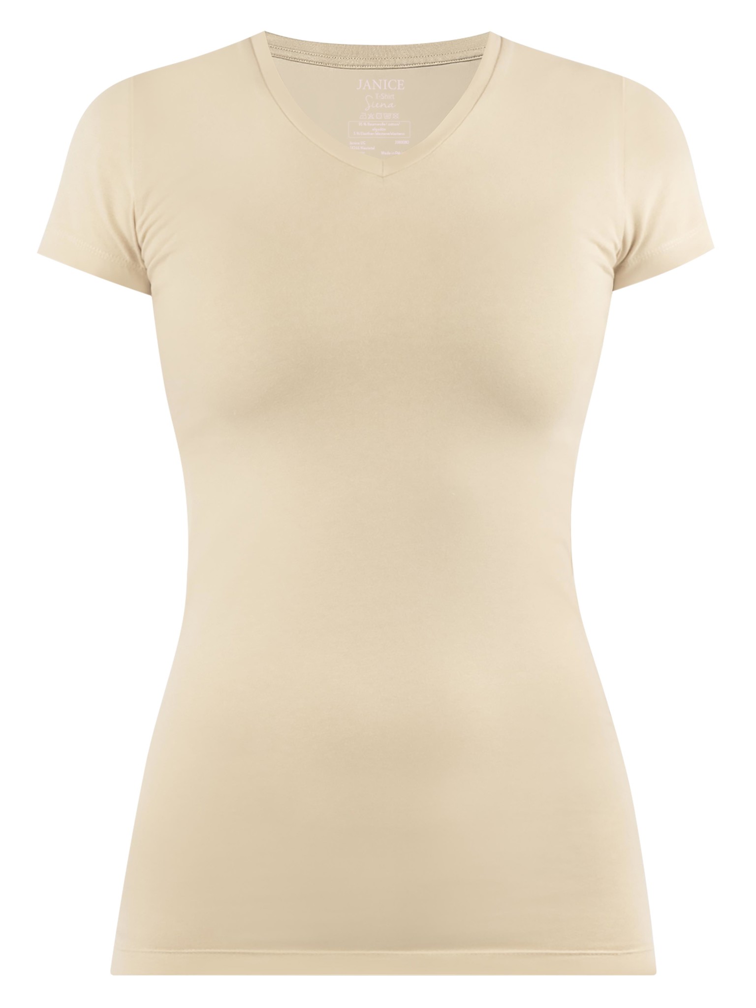 Zeige Details für Figurbetontes T-Shirt mit V-Ausschnitt „Siena“ Beige Bild von Figurbetontes T-Shirt mit V-Ausschnitt „Siena“ Beige