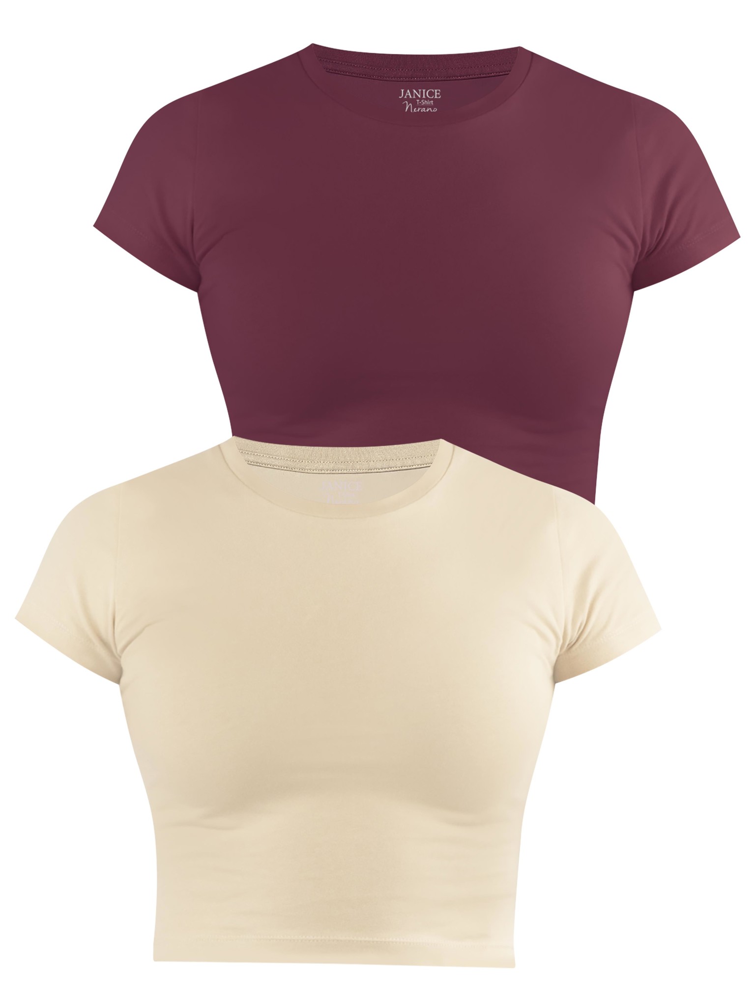 Zeige Details für 2 x Damen crop T-Shirt hochgeschlossen „Nerano“ Beige/Burgund Bild von 2 x Damen crop T-Shirt hochgeschlossen „Nerano“ Beige/Burgund