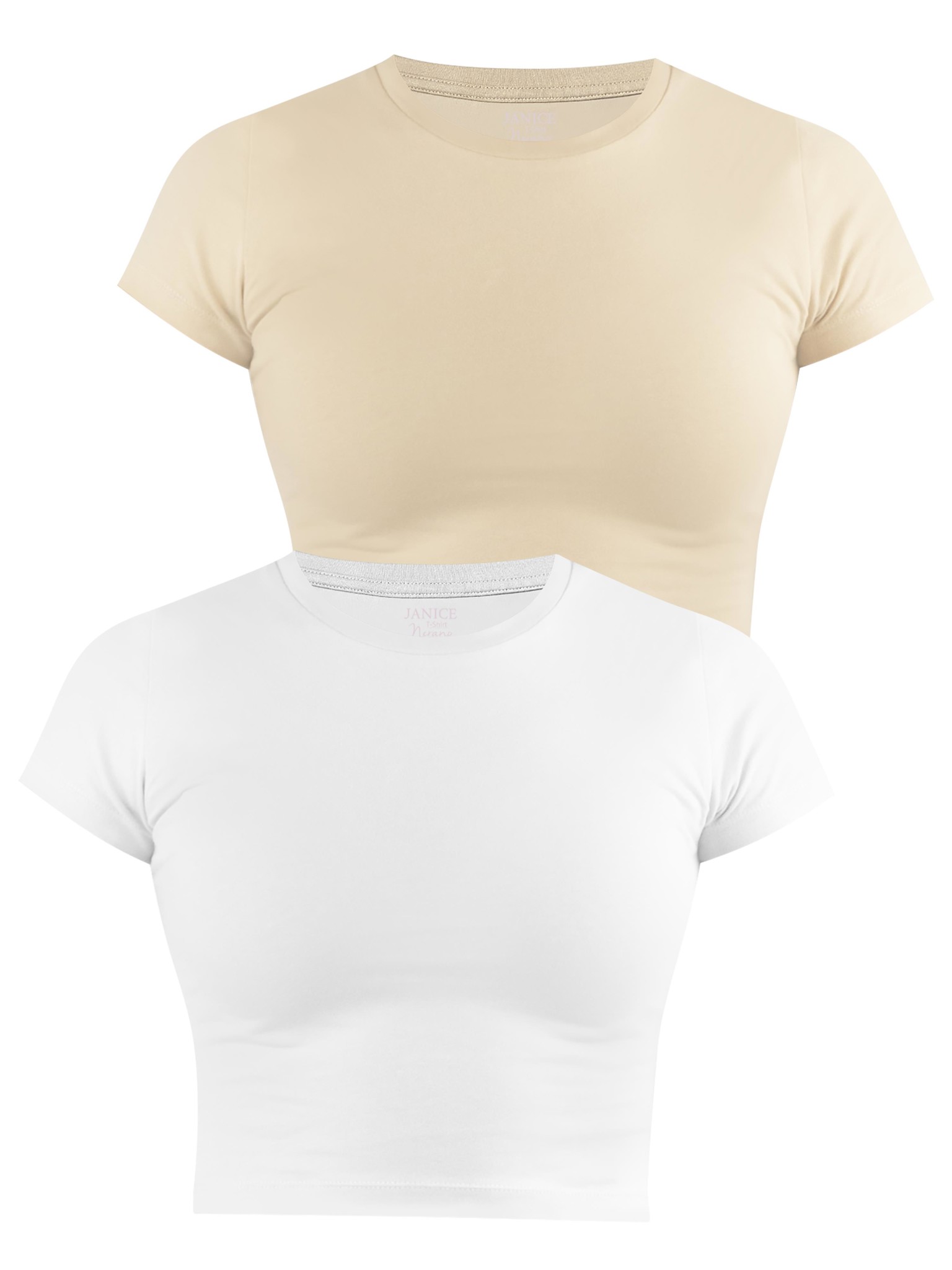 Zeige Details für 2 x Damen crop T-Shirt hochgeschlossen „Nerano“ Beige/Weiß Bild von 2 x Damen crop T-Shirt hochgeschlossen „Nerano“ Beige/Weiß