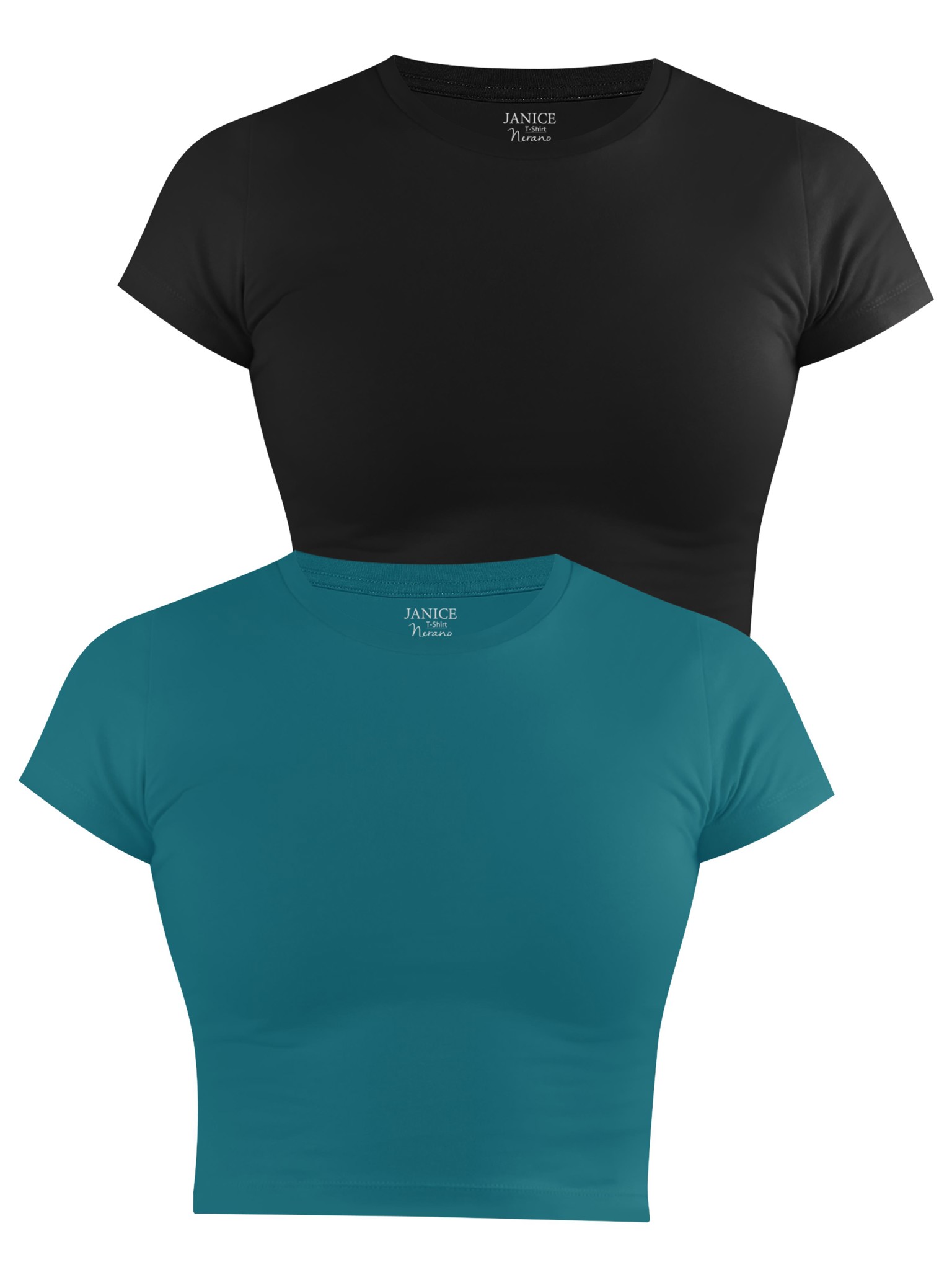 Zeige Details für 2 x Damen crop T-Shirt hochgeschlossen „Nerano“ Petrol/Schwarz Bild von 2 x Damen crop T-Shirt hochgeschlossen „Nerano“ Petrol/Schwarz