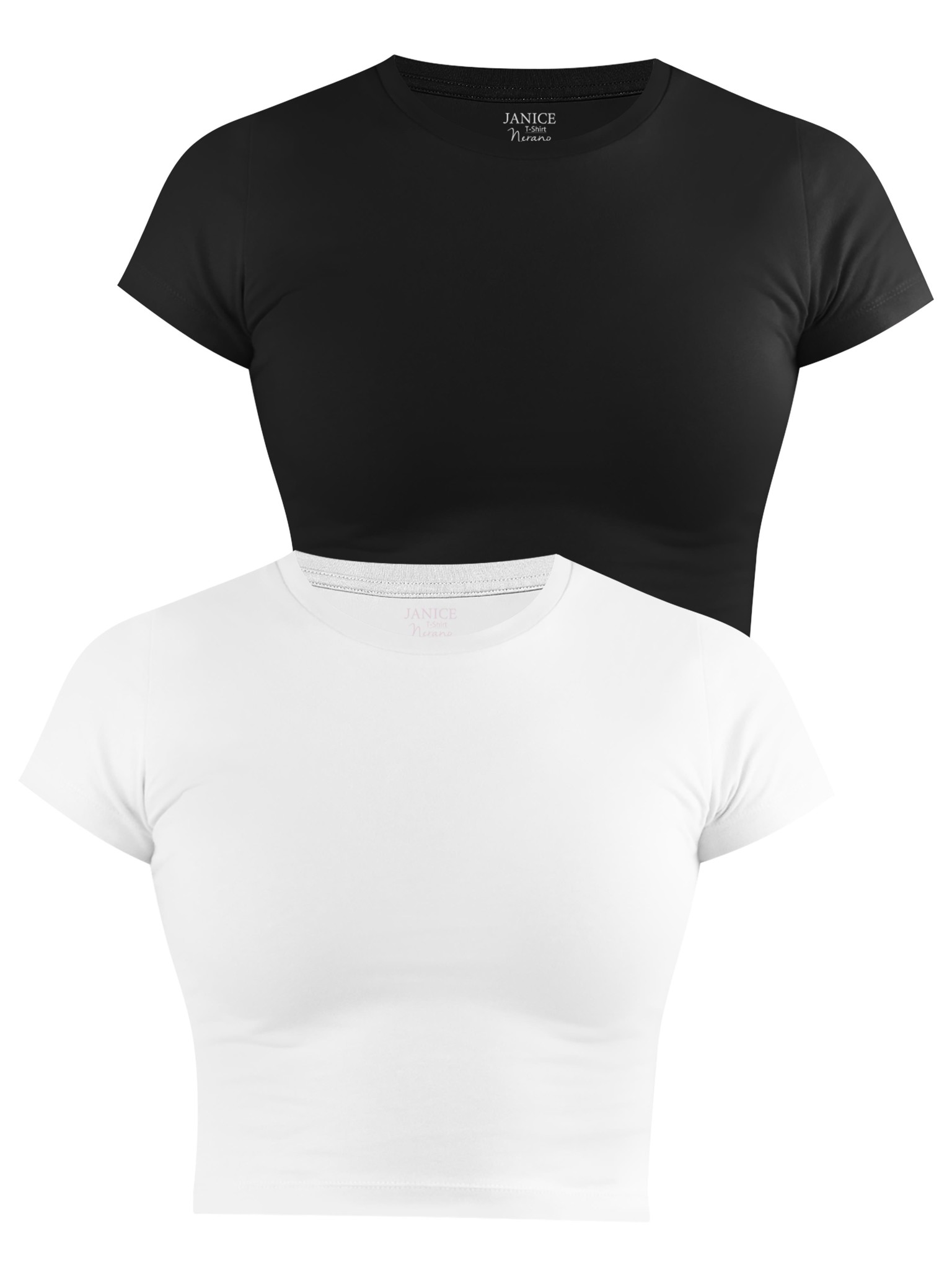 Zeige Details für 2 x Damen crop T-Shirt hochgeschlossen „Nerano“ Schwarz/Weiß Bild von 2 x Damen crop T-Shirt hochgeschlossen „Nerano“ Schwarz/Weiß
