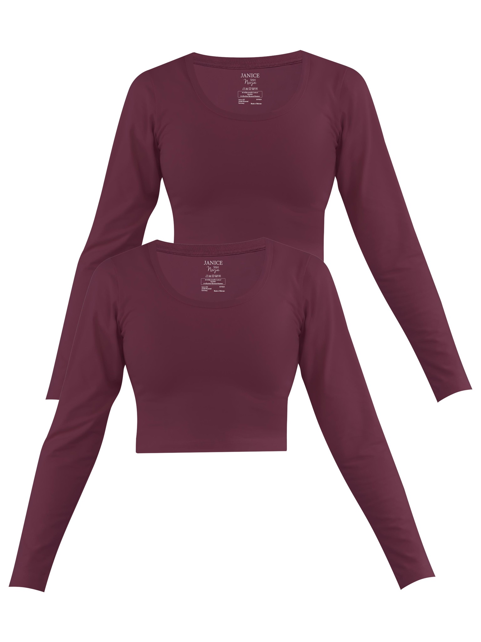 Zeige Details für 2 x Damen crop Langarmshirt „Nerja“ Burgund Bild von 2 x Damen crop Langarmshirt „Nerja“ Burgund