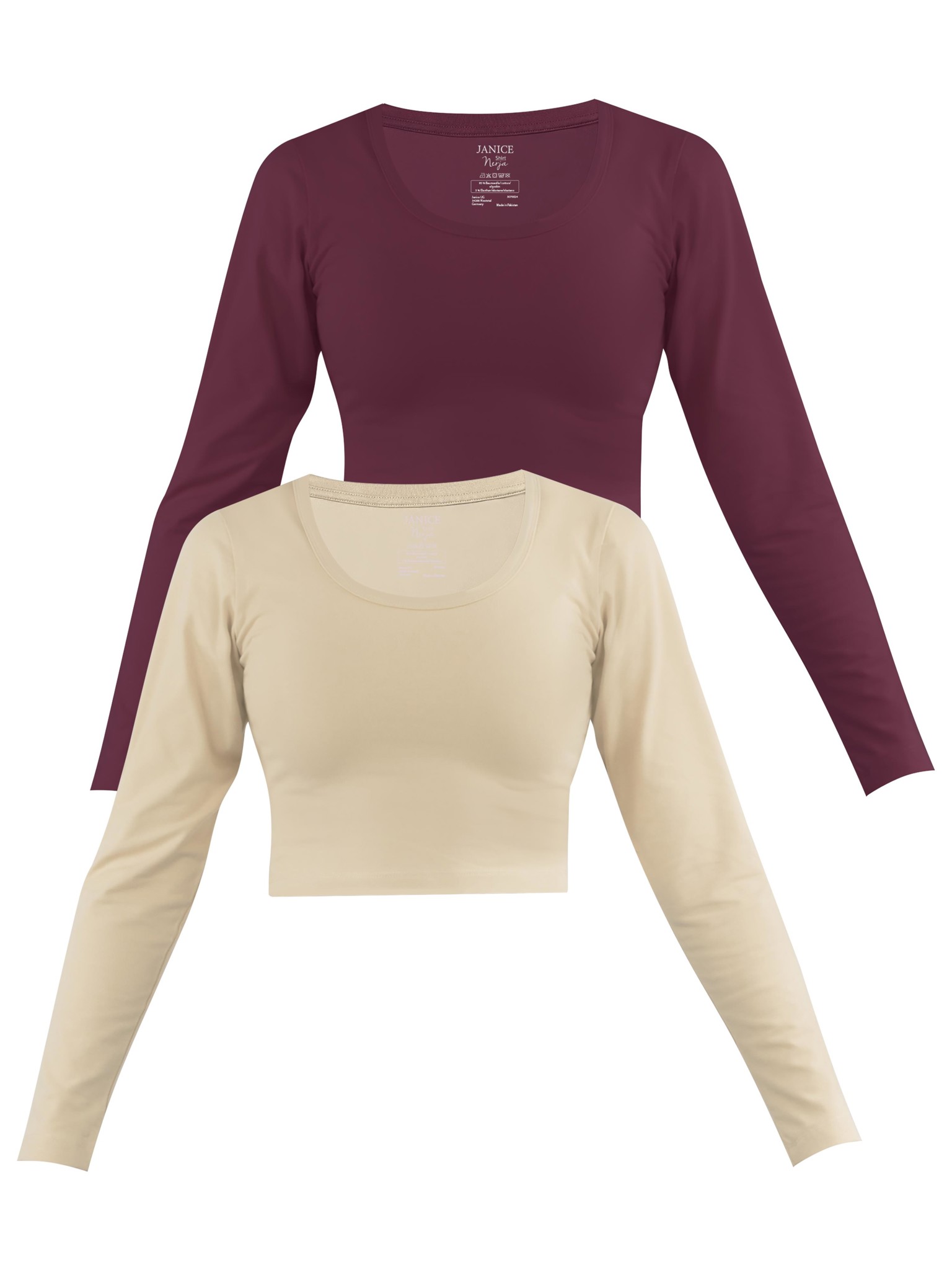 Zeige Details für 2 x Damen crop Langarmshirt „Nerja“ Beige/Burgund Bild von 2 x Damen crop Langarmshirt „Nerja“ Beige/Burgund