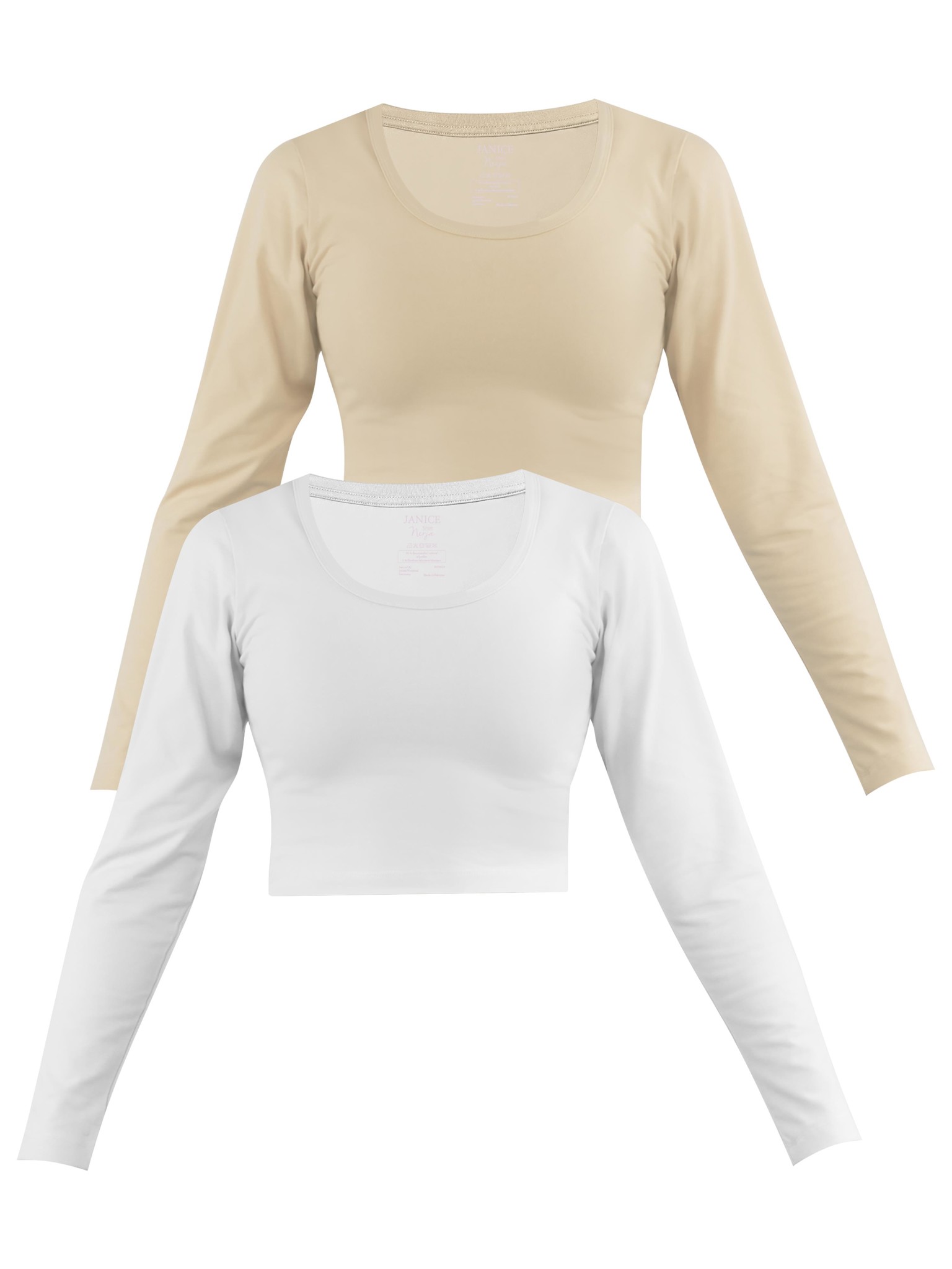 Zeige Details für 2 x Damen crop Langarmshirt „Nerja“ Beige/Weiß Bild von 2 x Damen crop Langarmshirt „Nerja“ Beige/Weiß