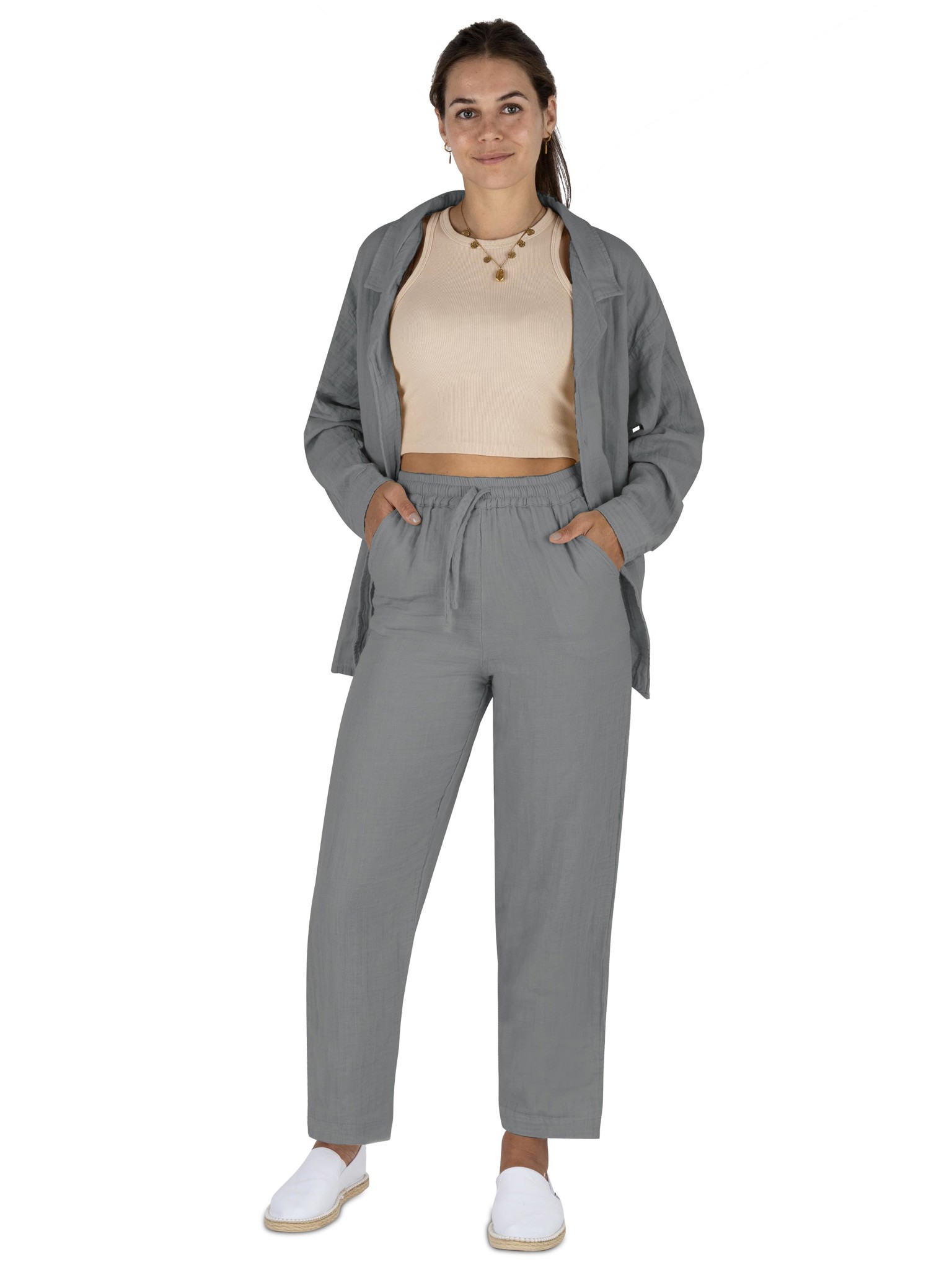 Zeige Details für Damen Musselin Hemdbluse mit langer Hose Hellgrau Bild von Damen Musselin Hemdbluse mit langer Hose Hellgrau