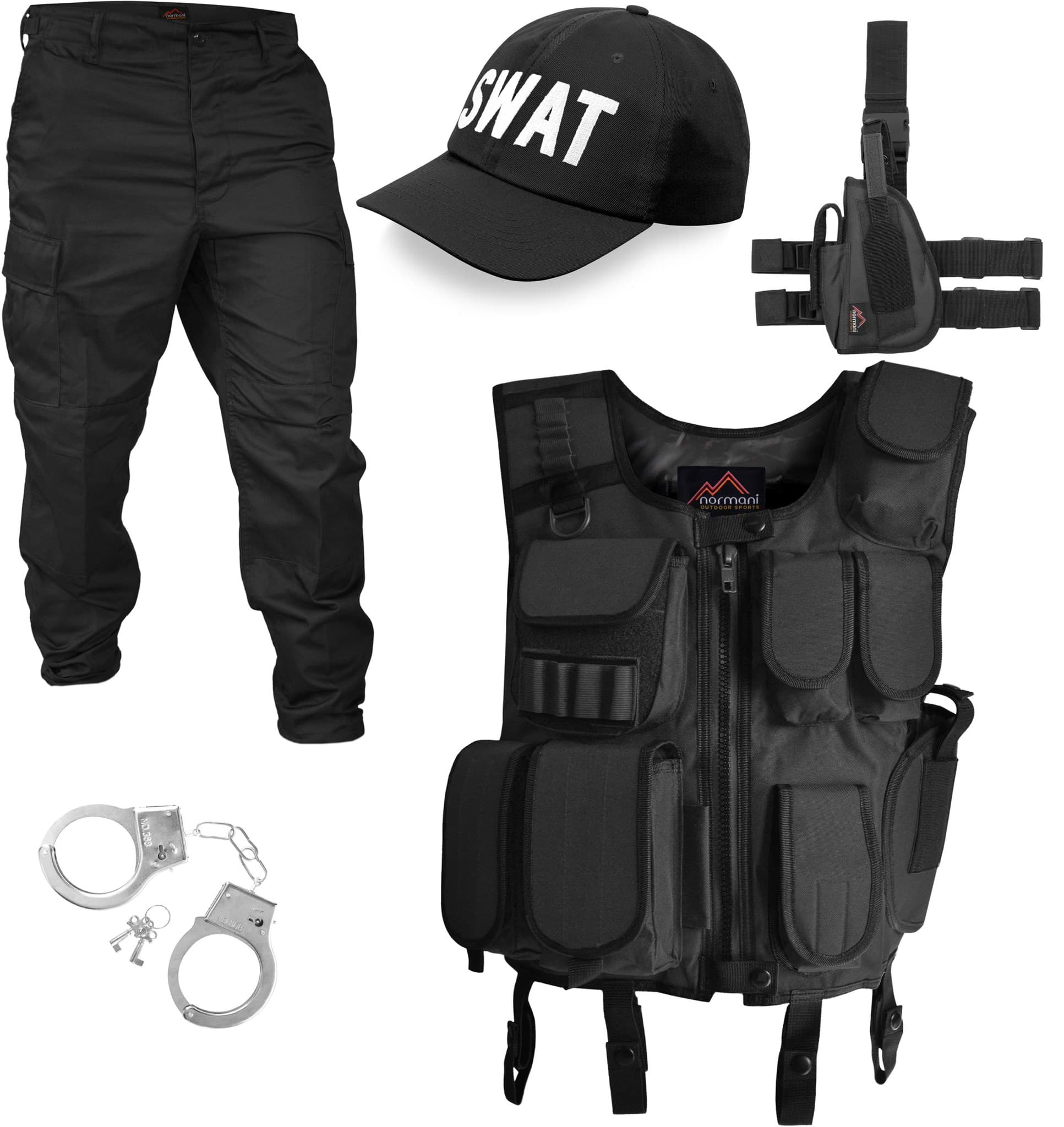 Bild von SWAT / SECURITY / POLICE Kostüm bestehend aus Weste, Patch, Hose, rechtem Beinholster, Cap und Handschellen SWAT
