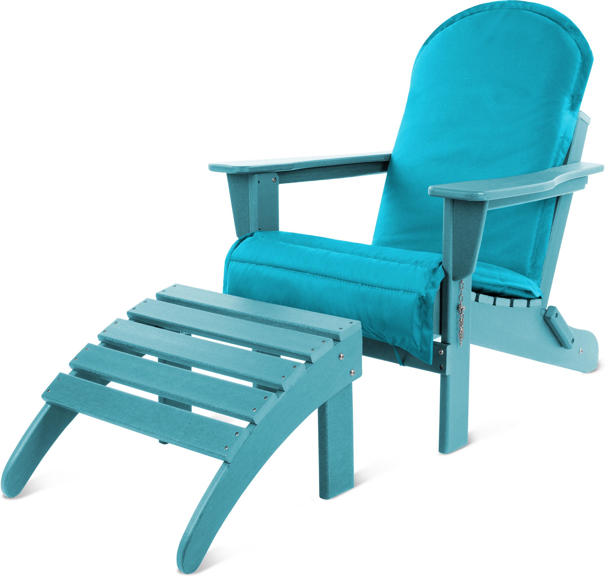 Afbeelding van Adirondack tuinstoel met voetsteun en turquoise kussen