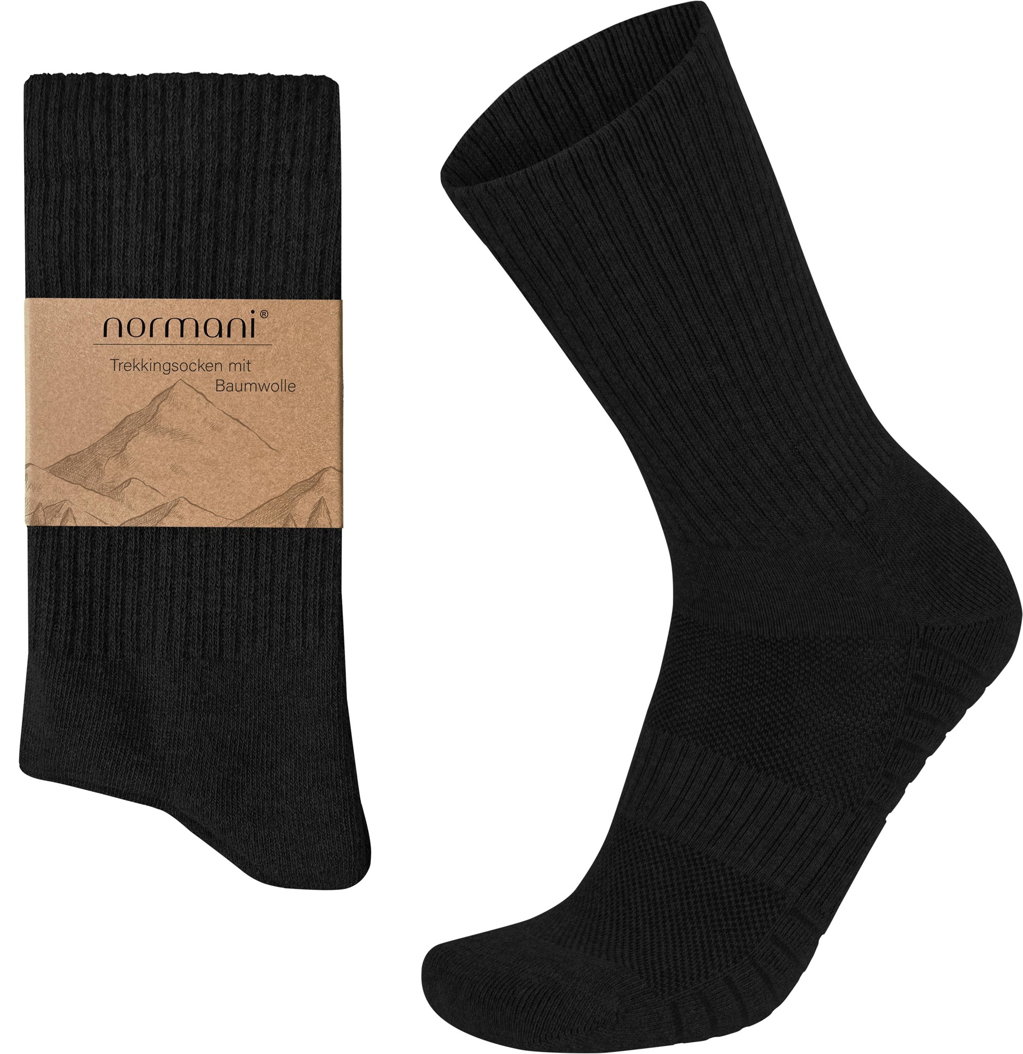 Bild von 4 Trekkingwollsocken mit Polstersohle und Komfortbund Schwarz