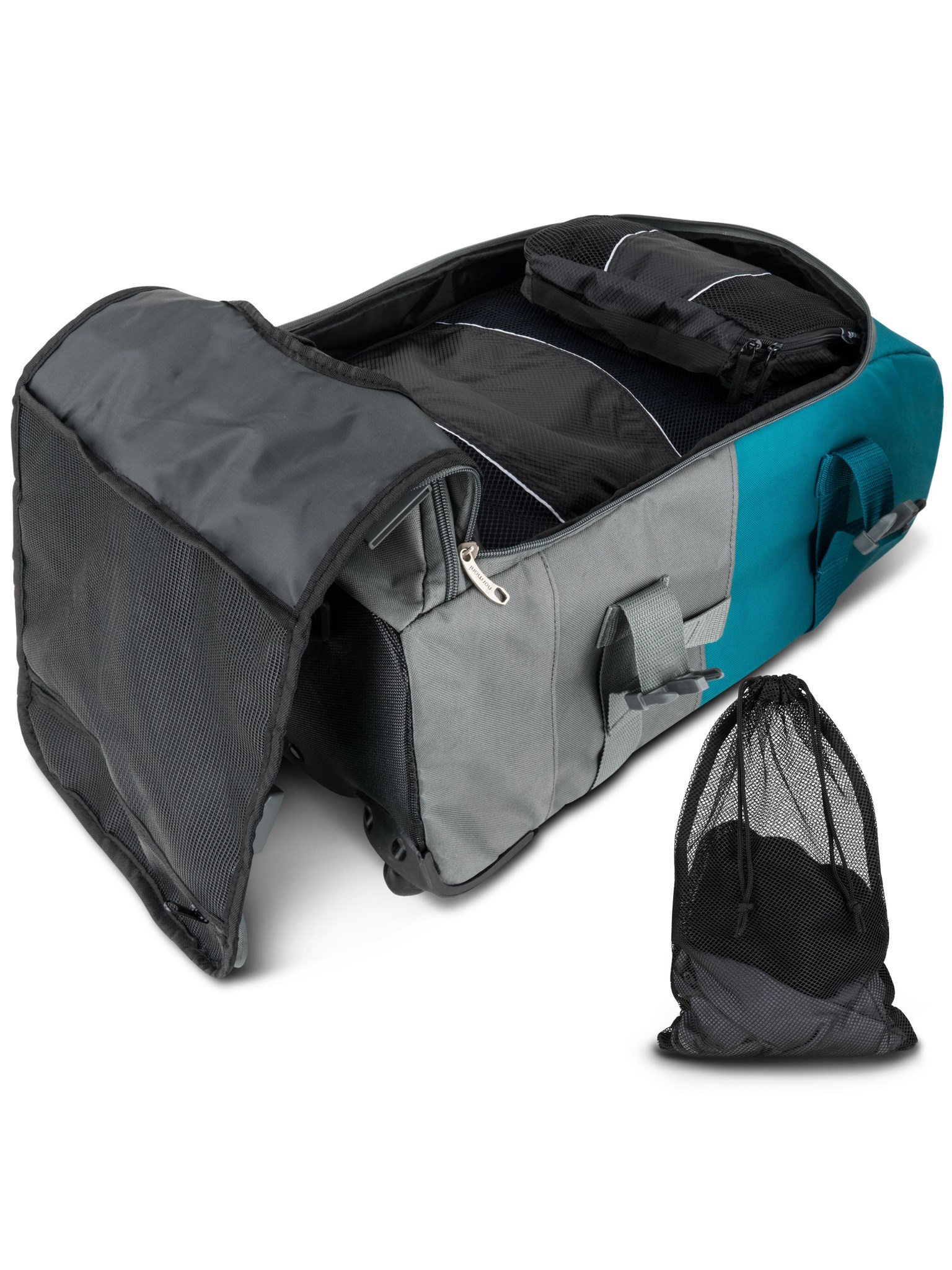 Bild von Reisetrolley mit Rucksackfunktion 90 L mit 5 Kleidertaschen Grau/Petrol