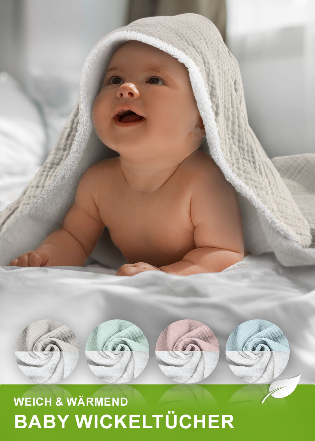 Baby Wickeltücher, Bademäntel & Badeponchos aus 100% Biobaumwolle, hautschonend und 100 % schadstofffrei