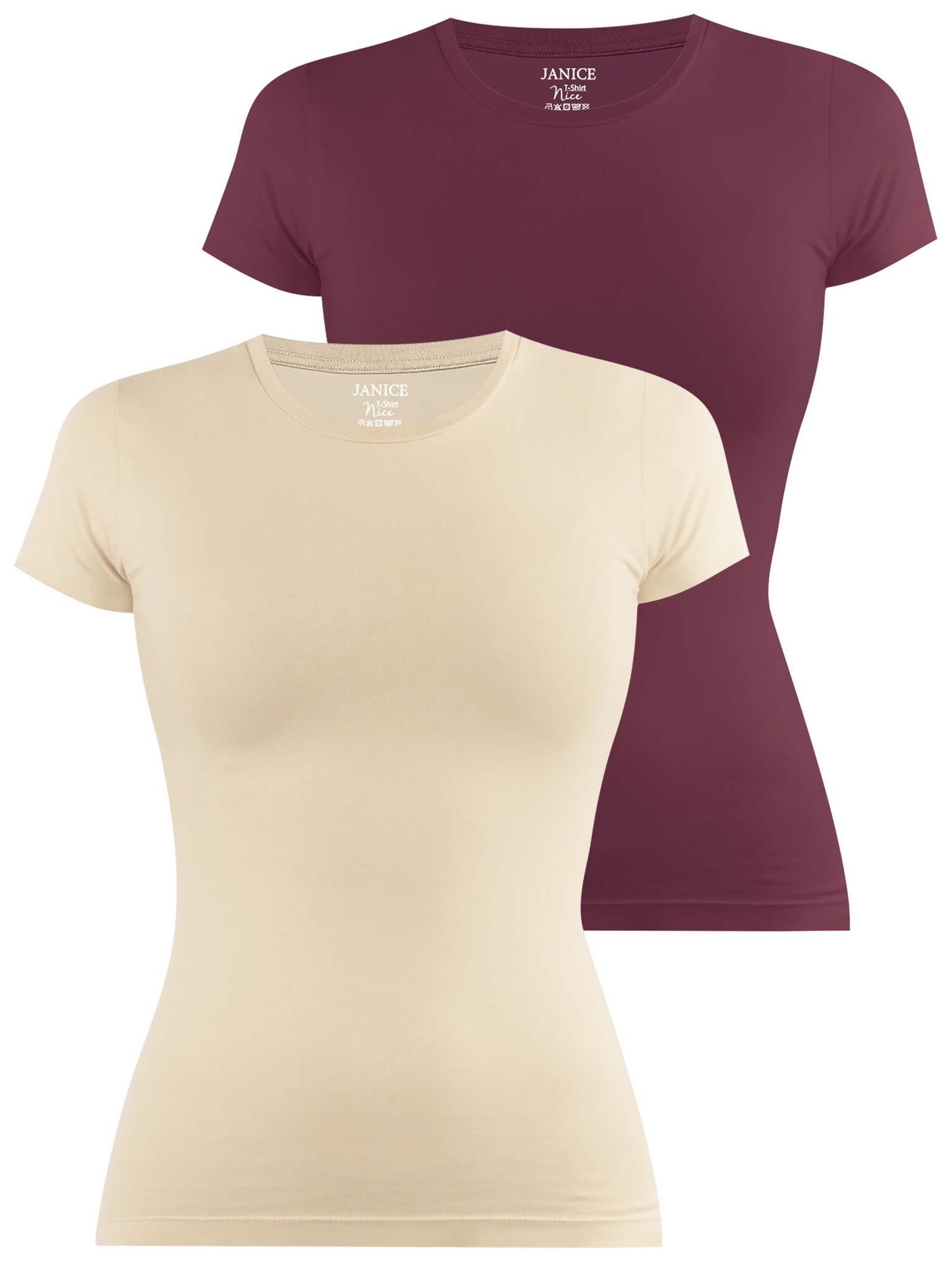 Bild von 2 x Damen T-Shirt hochgeschlossen „Nice“ Beige/Burgund