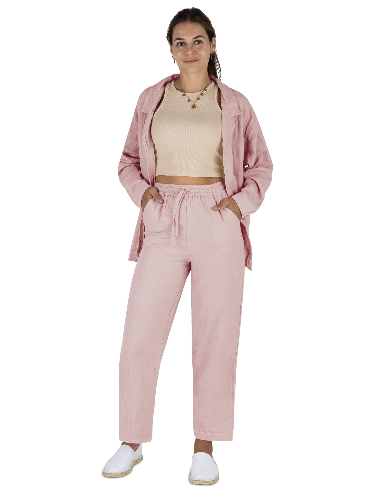 Bild von Damen Musselin Hemdbluse mit langer Hose Rosa