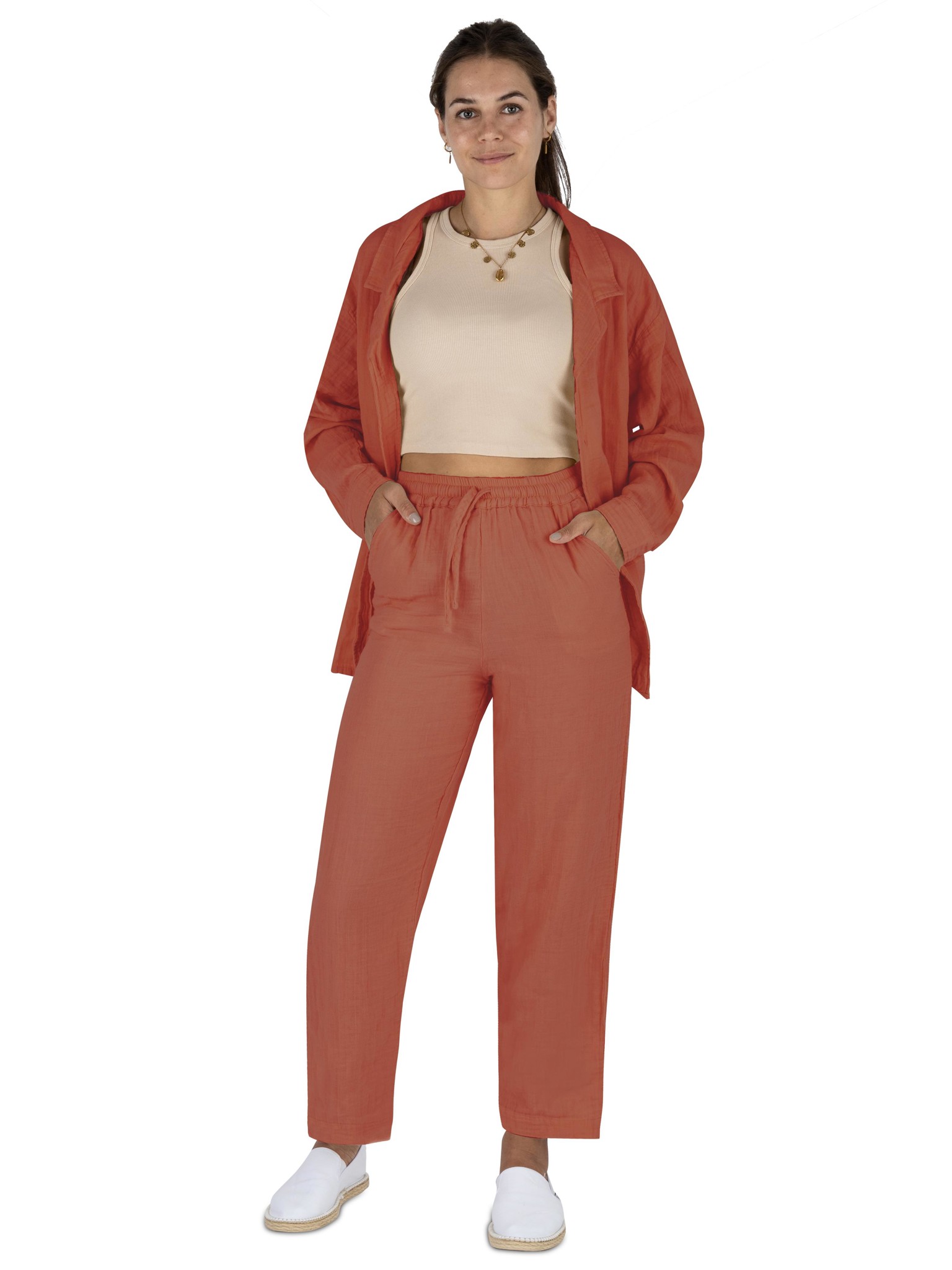 Bild von Damen Musselin Hemdbluse mit langer Hose Terracotta