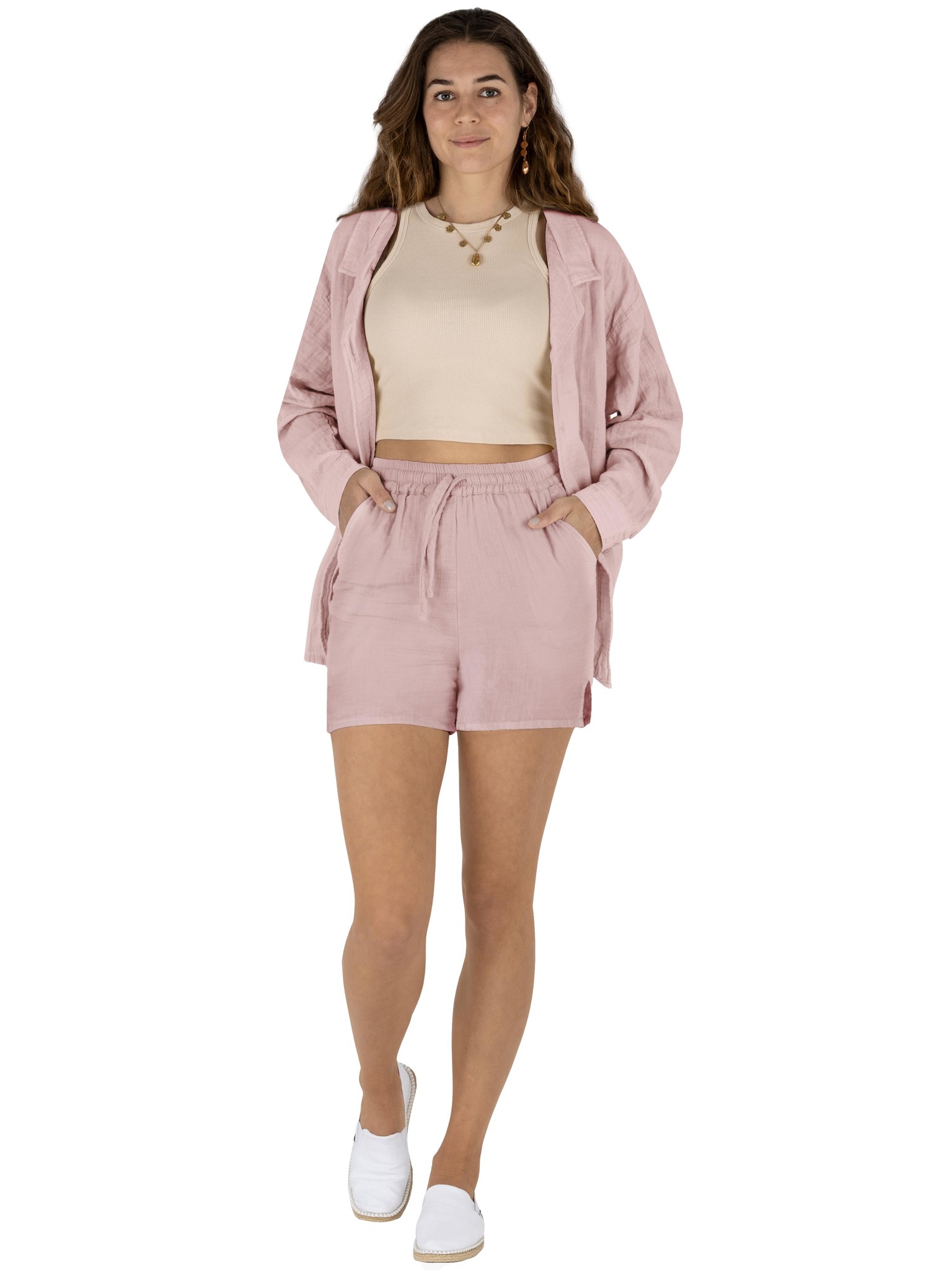 Bild von Damen Musselin Hemdbluse mit kurzer Hose Rosa