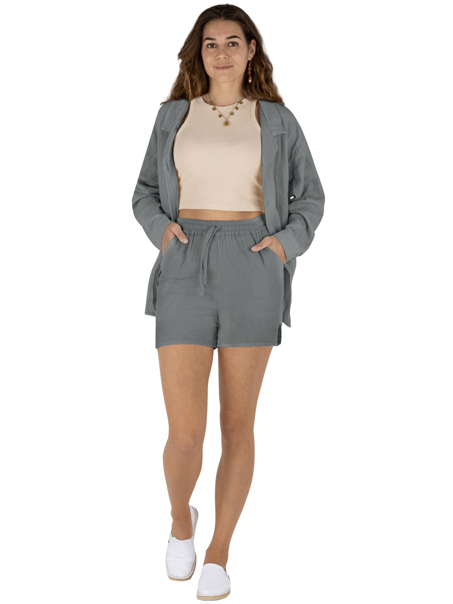 Bild von Damen Musselin Hemdbluse mit kurzer Hose Hellgrau