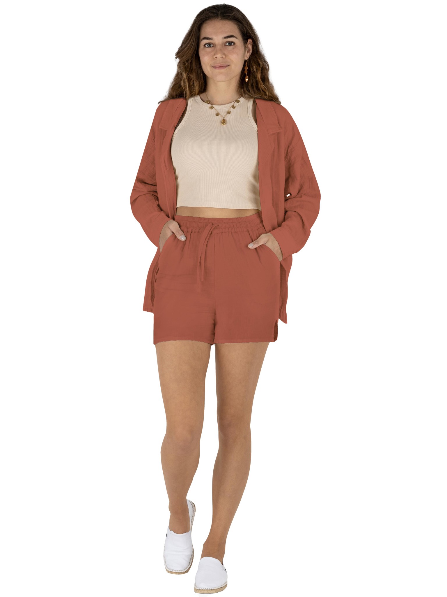Bild von Damen Musselin Hemdbluse mit kurzer Hose Terracotta