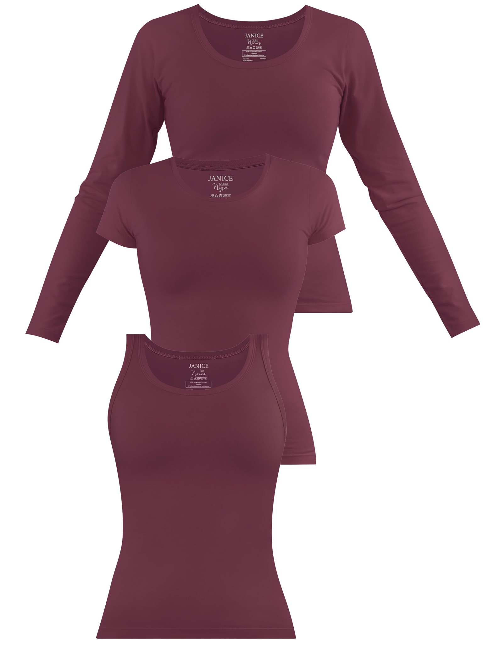 Bild von Damen Shirt 3-er Set (Top, Kurzarmshirt und Langarmshirt) Burgund