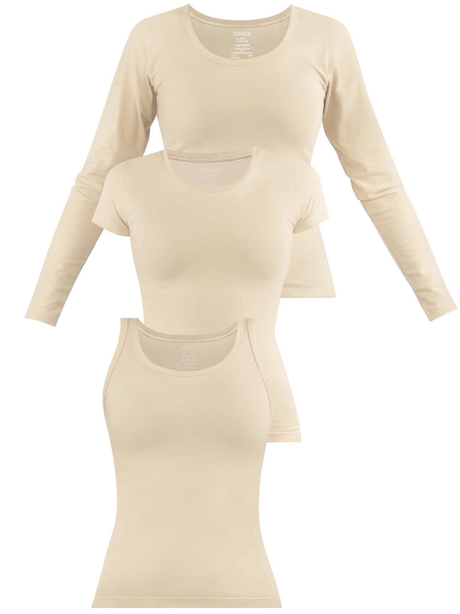Bild von Damen Shirt 3-er Set (Top, Kurzarmshirt und Langarmshirt) Beige