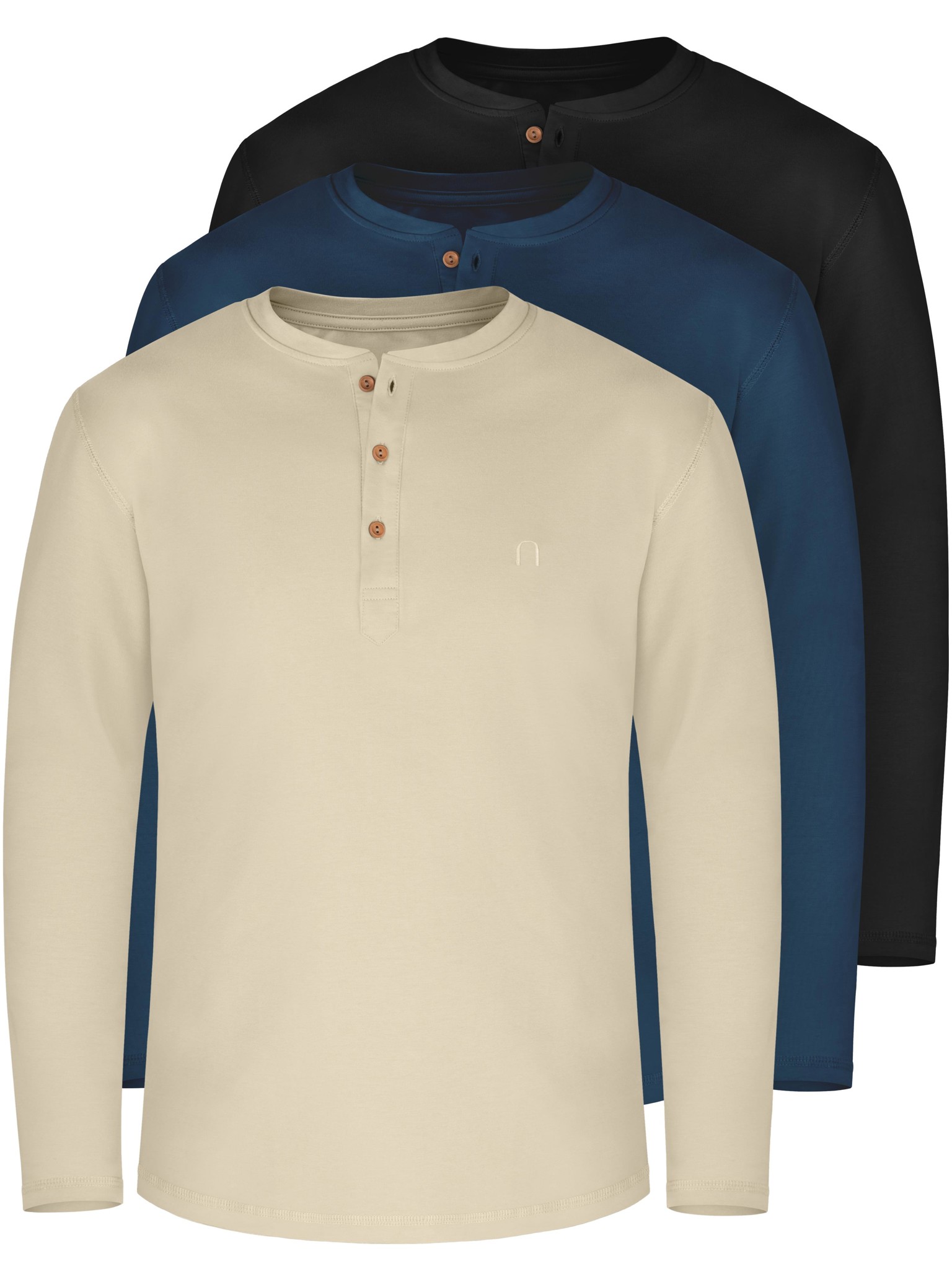 Bild von 3er Set Herren Langarm Shirts aus Bio-Baumwolle „Neuville“ Beige/Marine/Schwarz