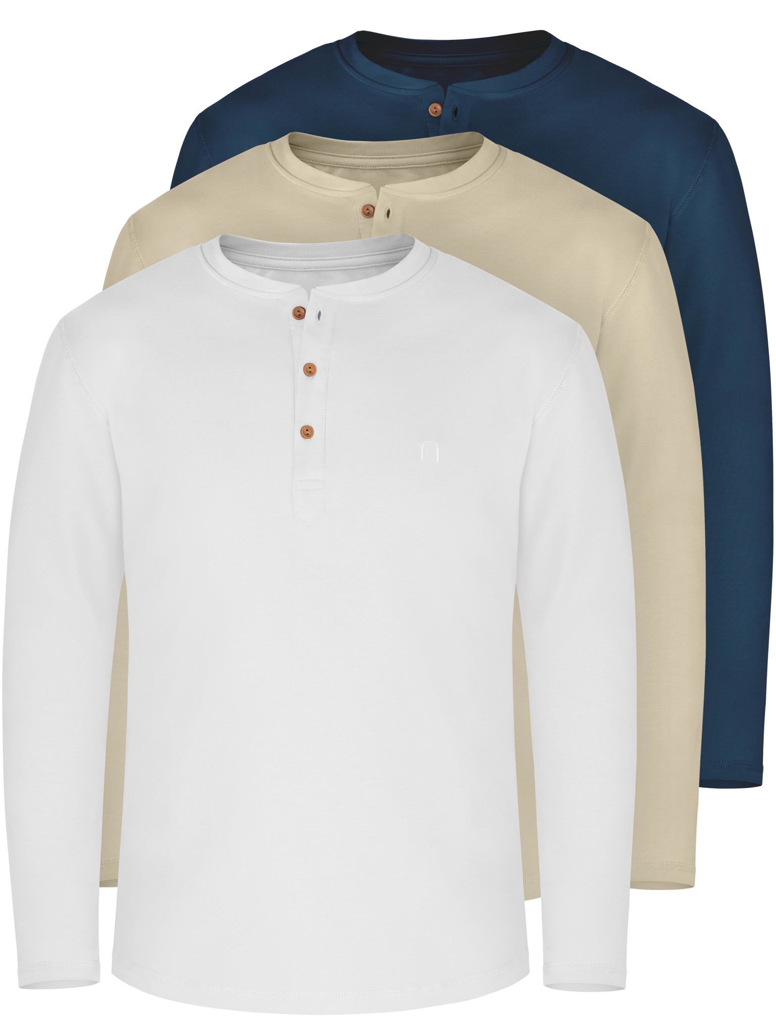 Bild von 3er Set Herren Langarm Shirts aus Bio-Baumwolle „Neuville“ Beige/Marine/Weiß