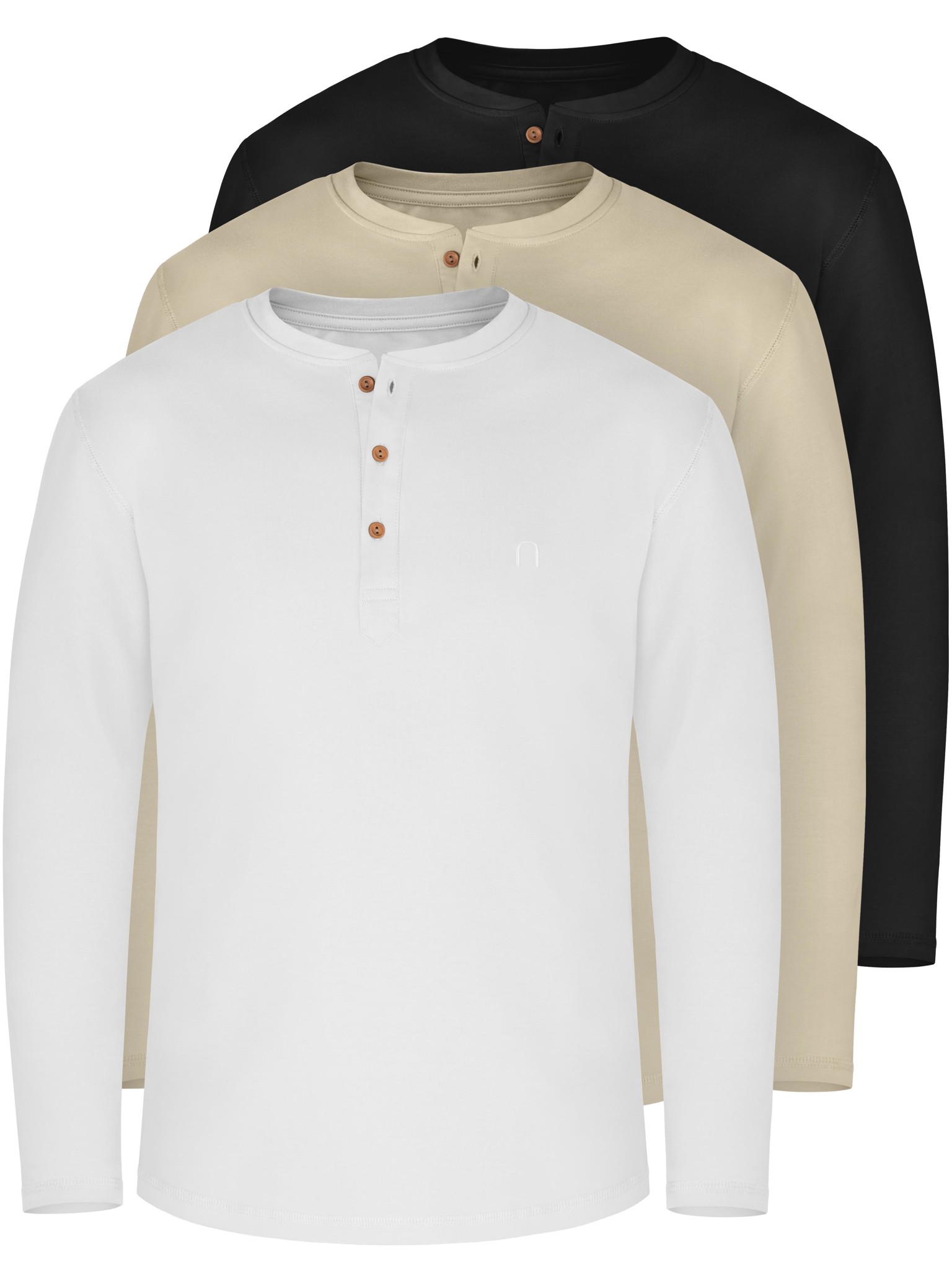 Bild von 3er Set Herren Langarm Shirts aus Bio-Baumwolle „Neuville“ Beige/Schwarz/Weiß