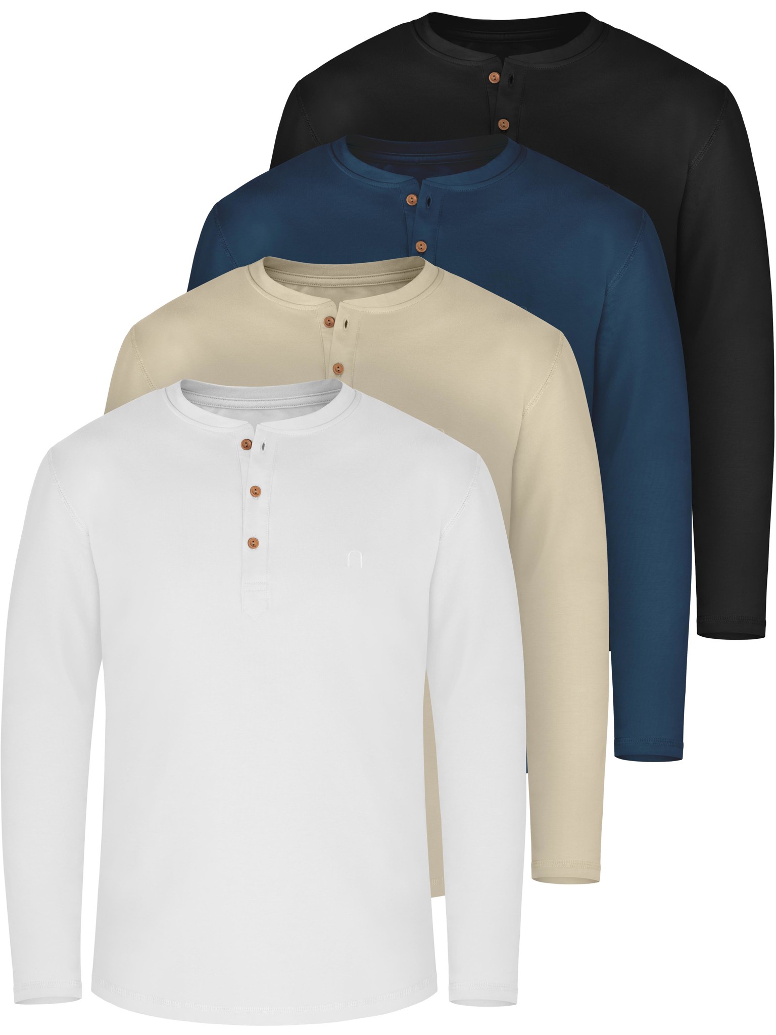 Bild von 4er Set Herren Langarm Shirts aus Bio-Baumwolle „Neuville“ Beige/Marine/Schwarz/Weiß
