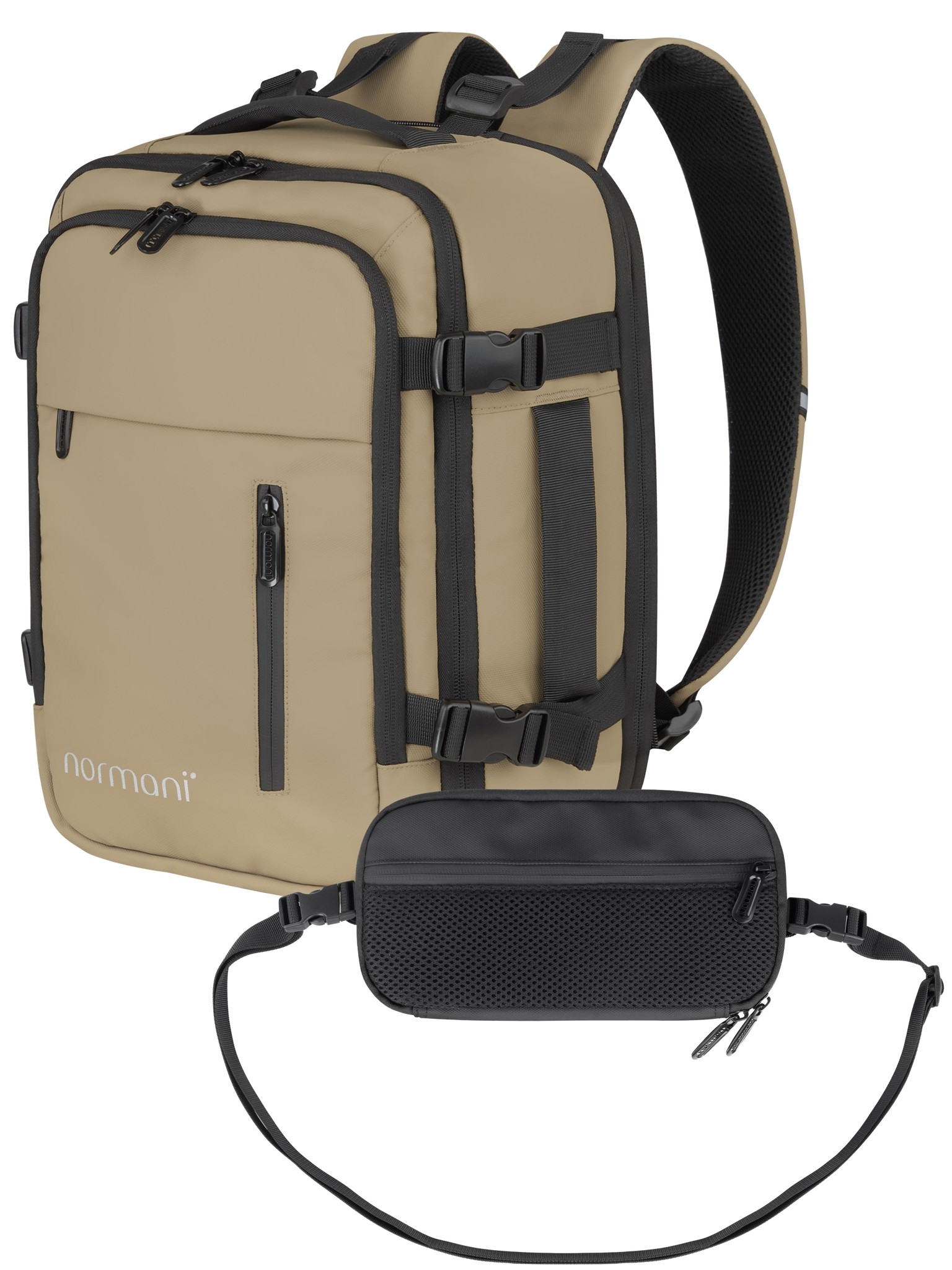 Bild von Erweiterbarer Handgepäck-Rucksack mit Reisepass Brusttasche Beige