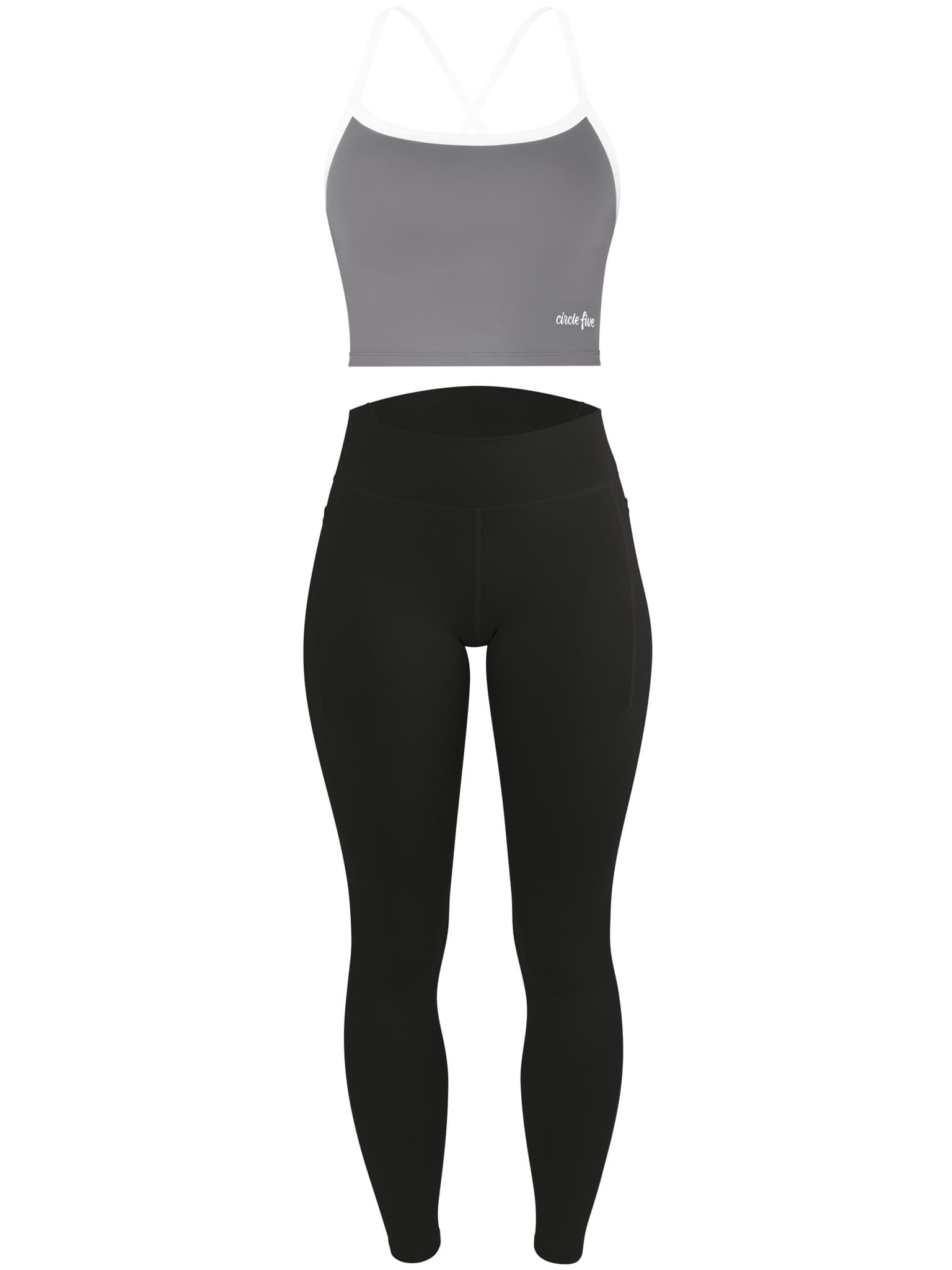 Bild von High Waist Sport Set (Leggings mit Taschen & Sporttop mit integriertem BH) Anthrazit/Schwarz