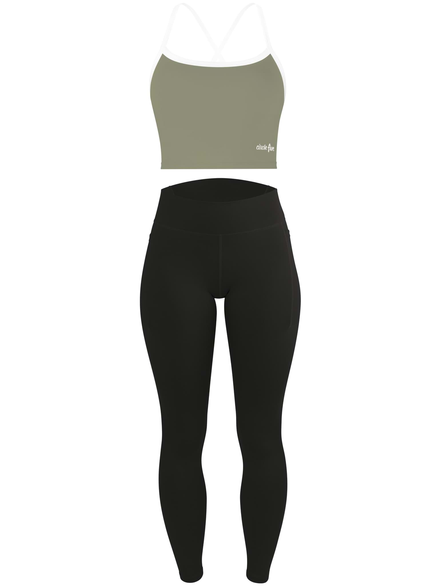 Bild von High Waist Sport Set (Leggings mit Taschen & Sporttop mit integriertem BH) Oliv/Schwarz