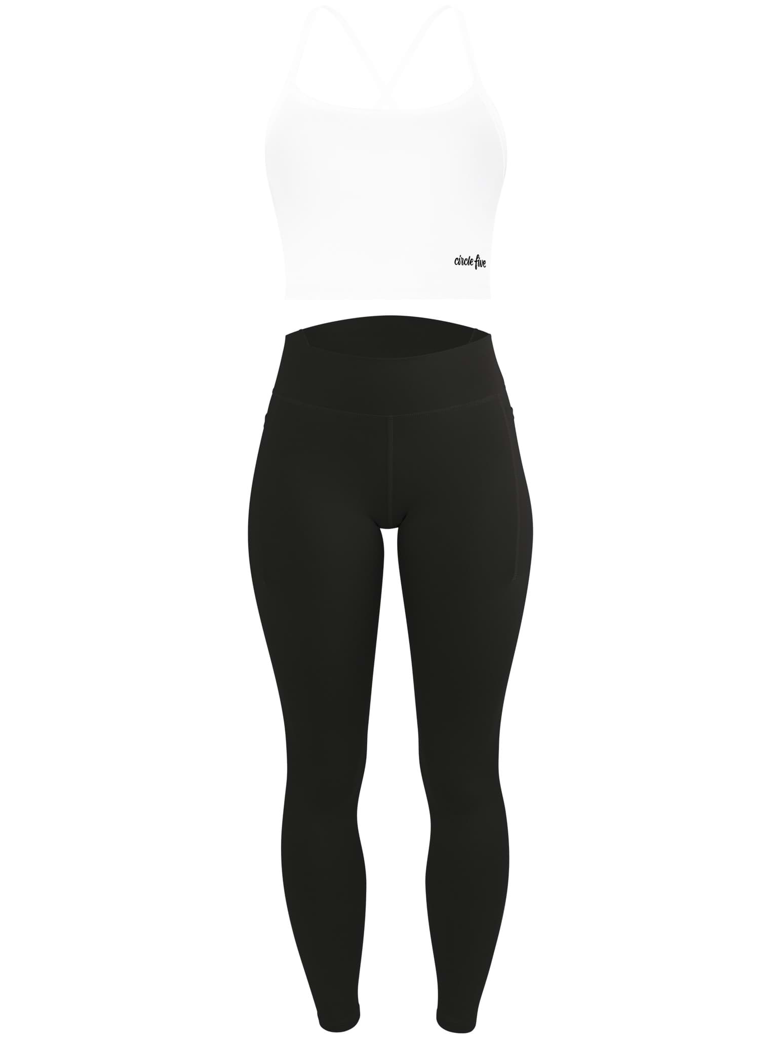 Bild von High Waist Sport Set (Leggings mit Taschen & Sporttop mit integriertem BH) Weiß/Schwarz