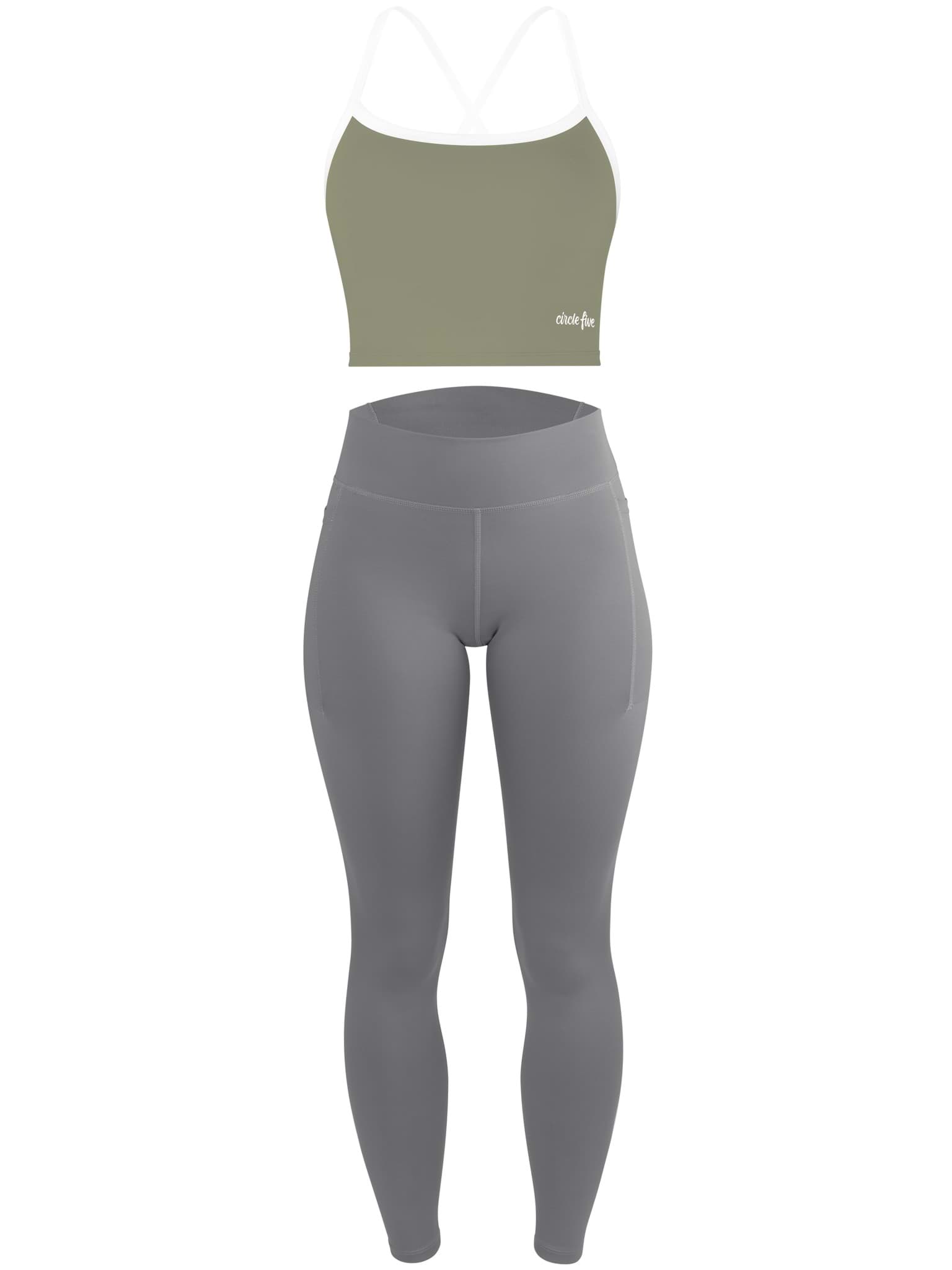 Bild von High Waist Sport Set (Leggings mit Taschen & Sporttop mit integriertem BH) Oliv/Anthrazit