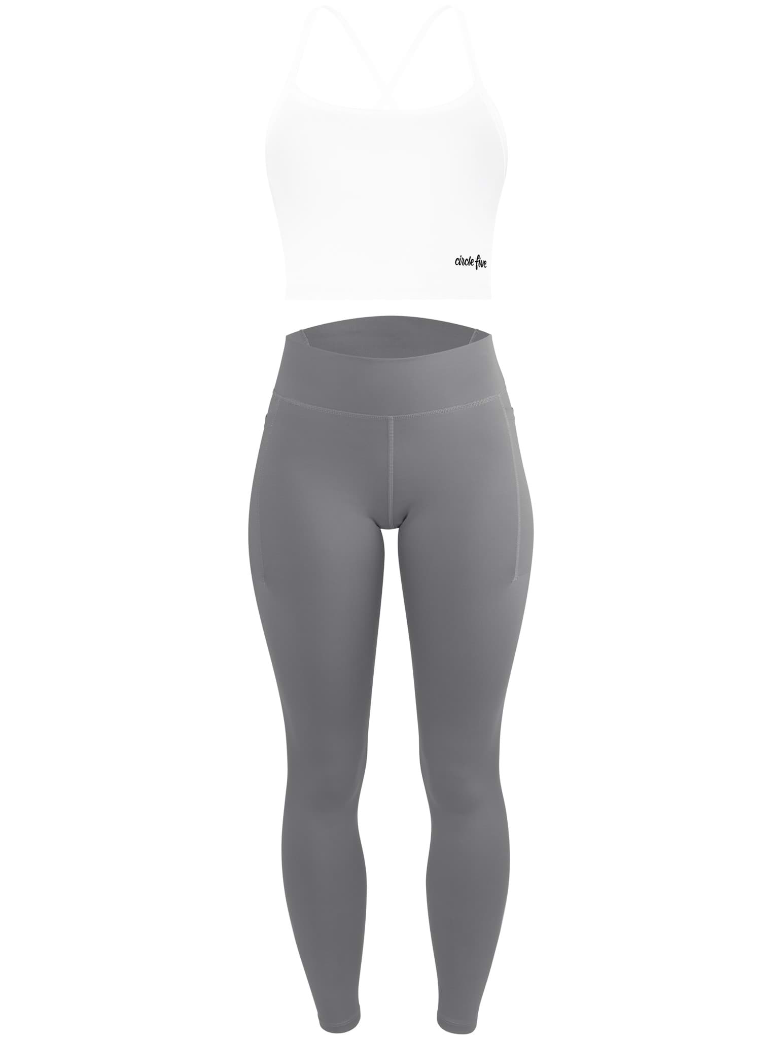 Bild von High Waist Sport Set (Leggings mit Taschen & Sporttop mit integriertem BH) Weiß/Anthrazit