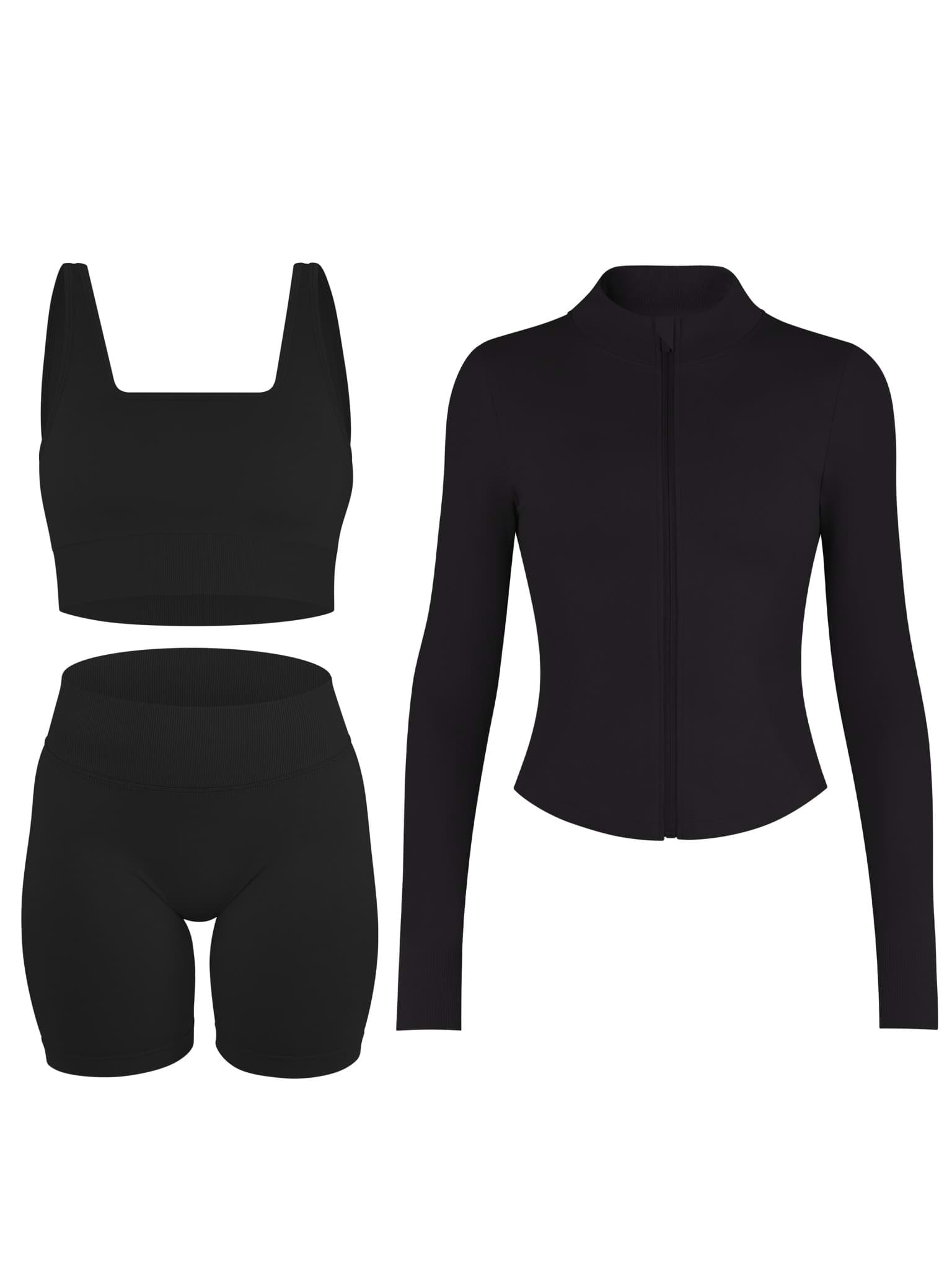 Bild von Scrunch Shape Trainings-Set (Push-Up Shorts, Zipper Shaping Jacke und Medium Support Sport-BH) Schwarz