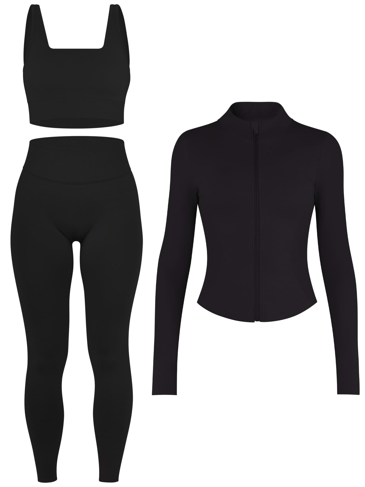Bild von Scrunch Shape Trainings-Set (Push-Up Leggings, Zipper Shaping Jacke und Medium Support Sport-BH) Schwarz