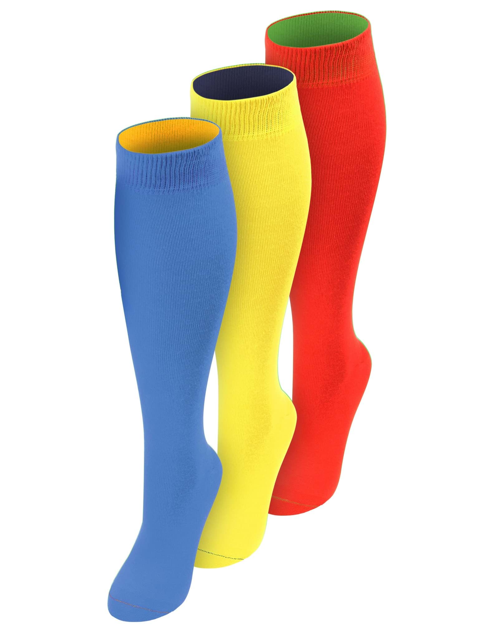 Bild von 3 Paar Kniestrümpfe mit farbig abgesetztem Bund Bi-Color Himmelblau + Gelb + Rot