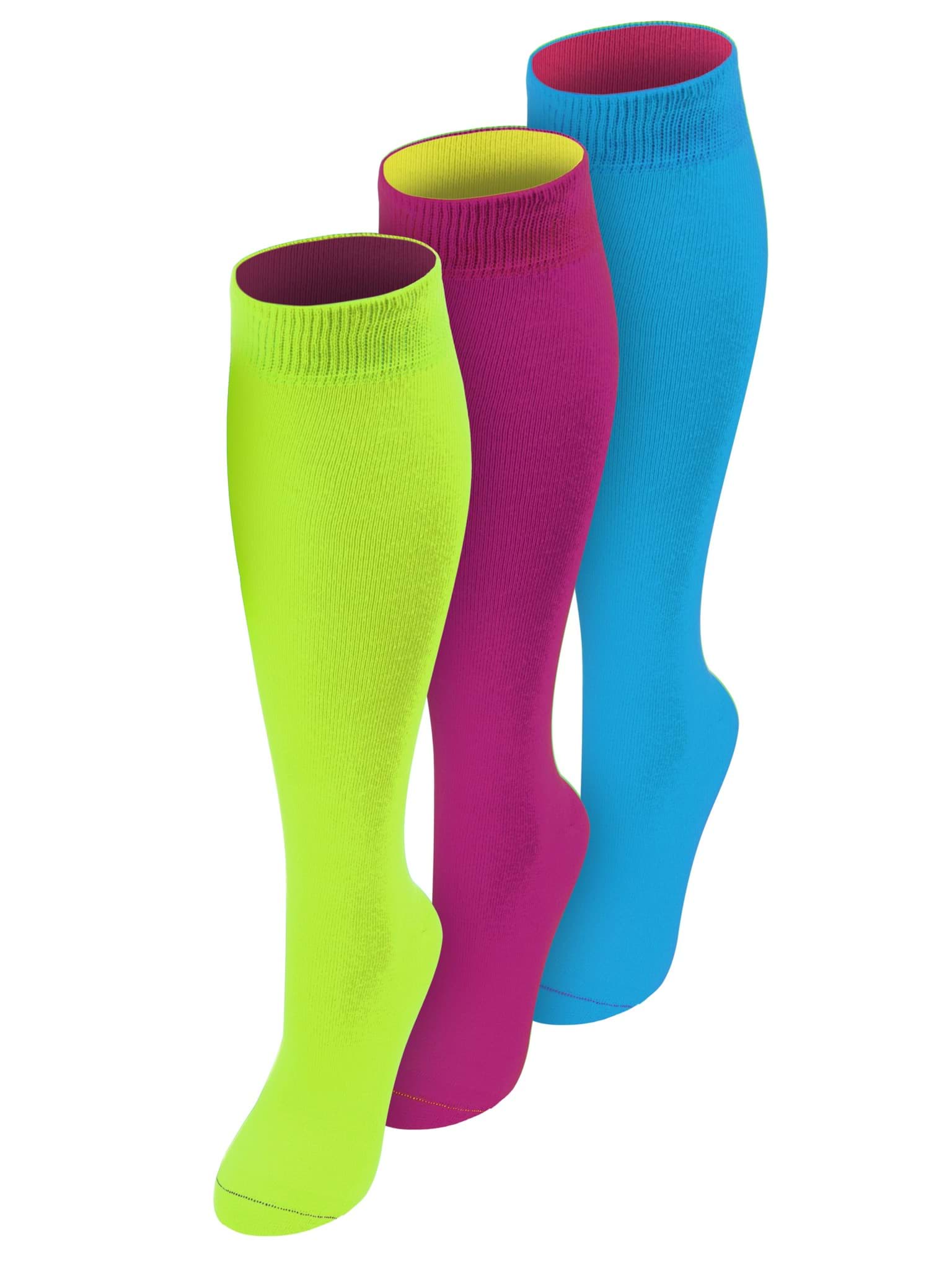 Bild von 3 Paar Kniestrümpfe mit farbig abgesetztem Bund Bi-Color Limette + Magenta + Türkis