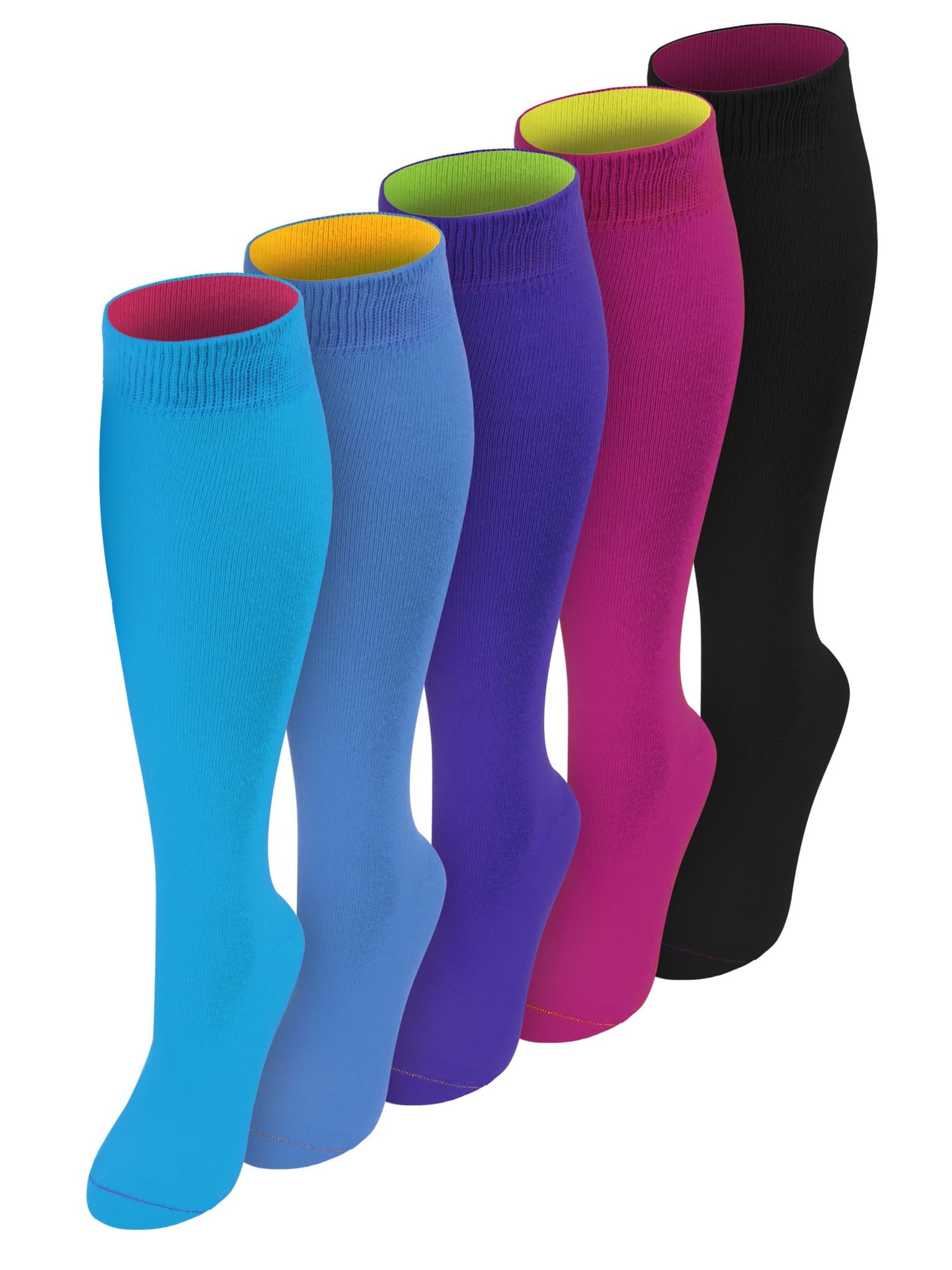 Bild von 5 Paar Kniestrümpfe mit farbig abgesetztem Bund Bi-Color Himmelblau + Türkis + Royalblau + Magenta + Schwarz