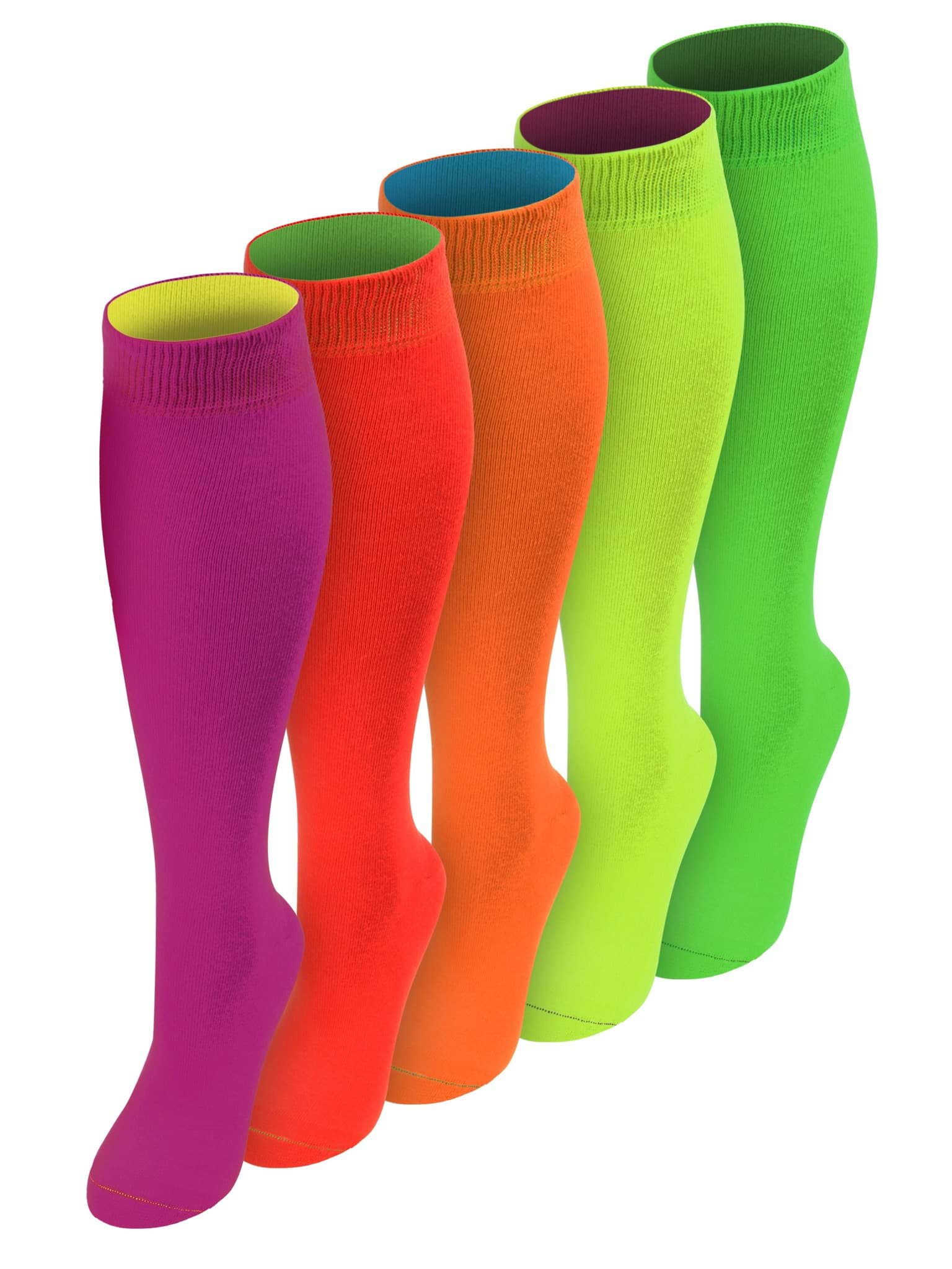 Bild von 5 Paar Kniestrümpfe mit farbig abgesetztem Bund Bi-Color Limette + Magenta + Apfelgrün + Rot + Orange