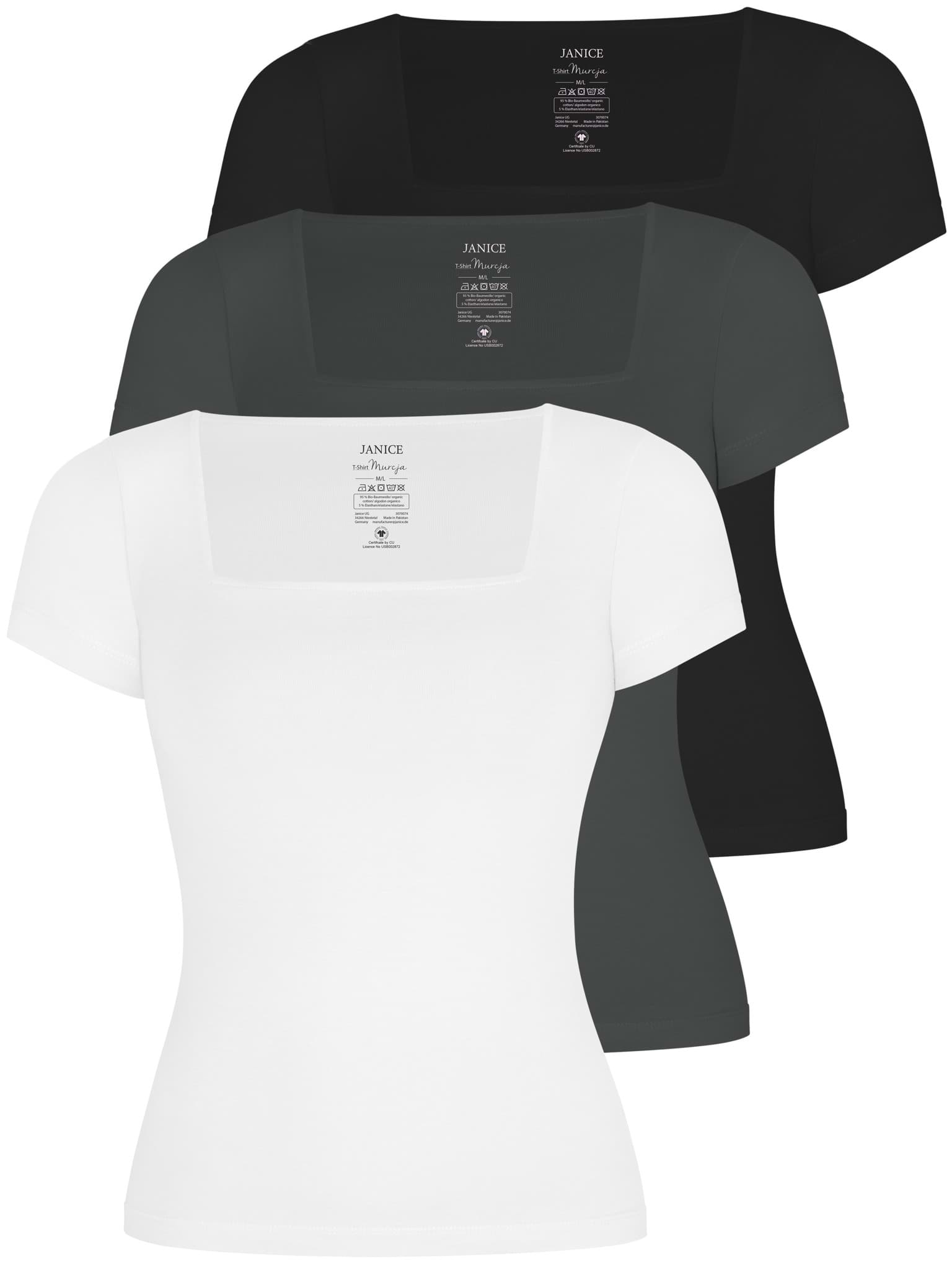 Bild von 3er Set Damen Shirt mit eckigem Ausschnitt Schwarz/Anthrazit/Weiß
