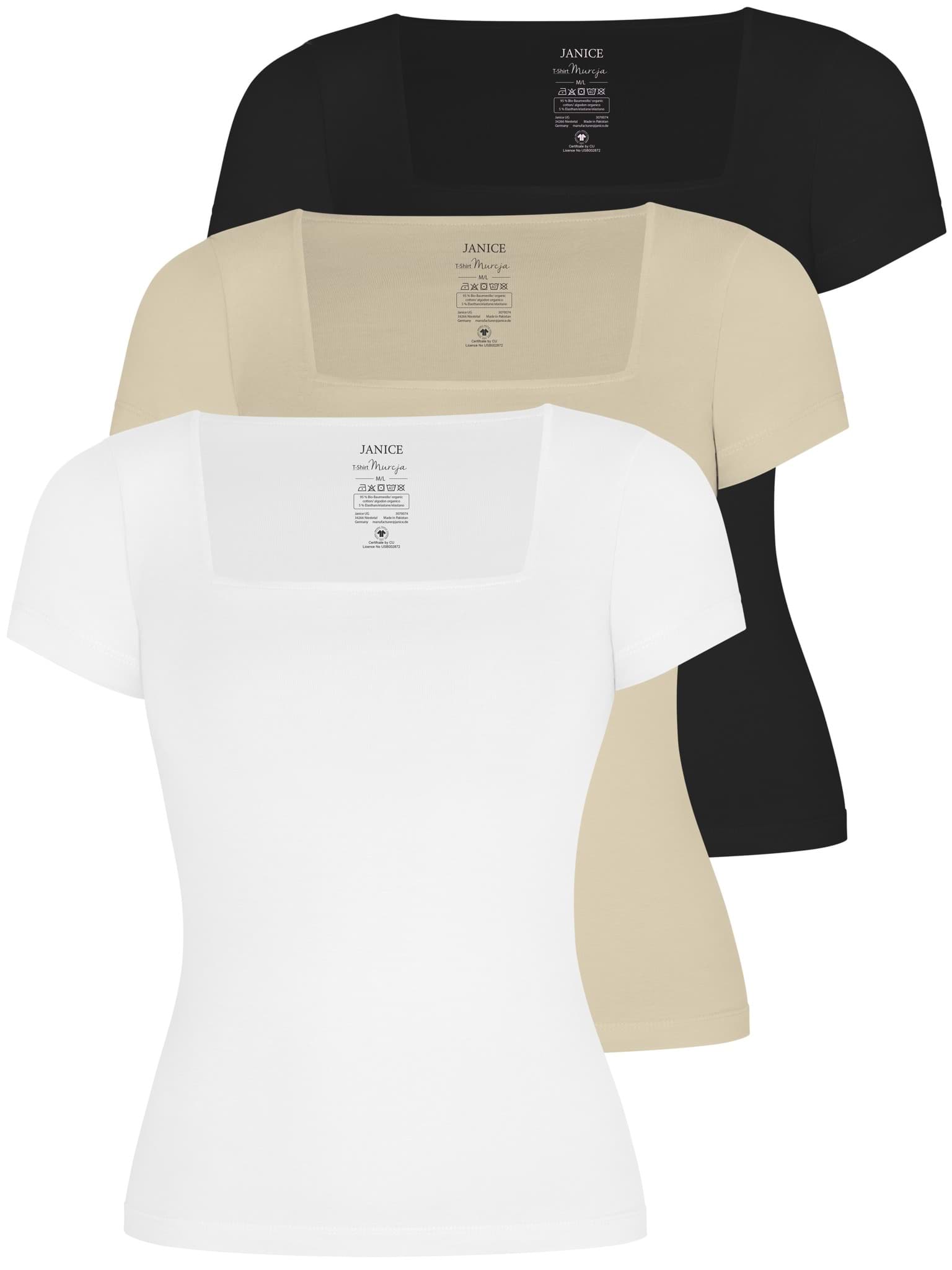 Bild von 3er Set Damen Shirt mit eckigem Ausschnitt Schwarz/Beige/Weiß