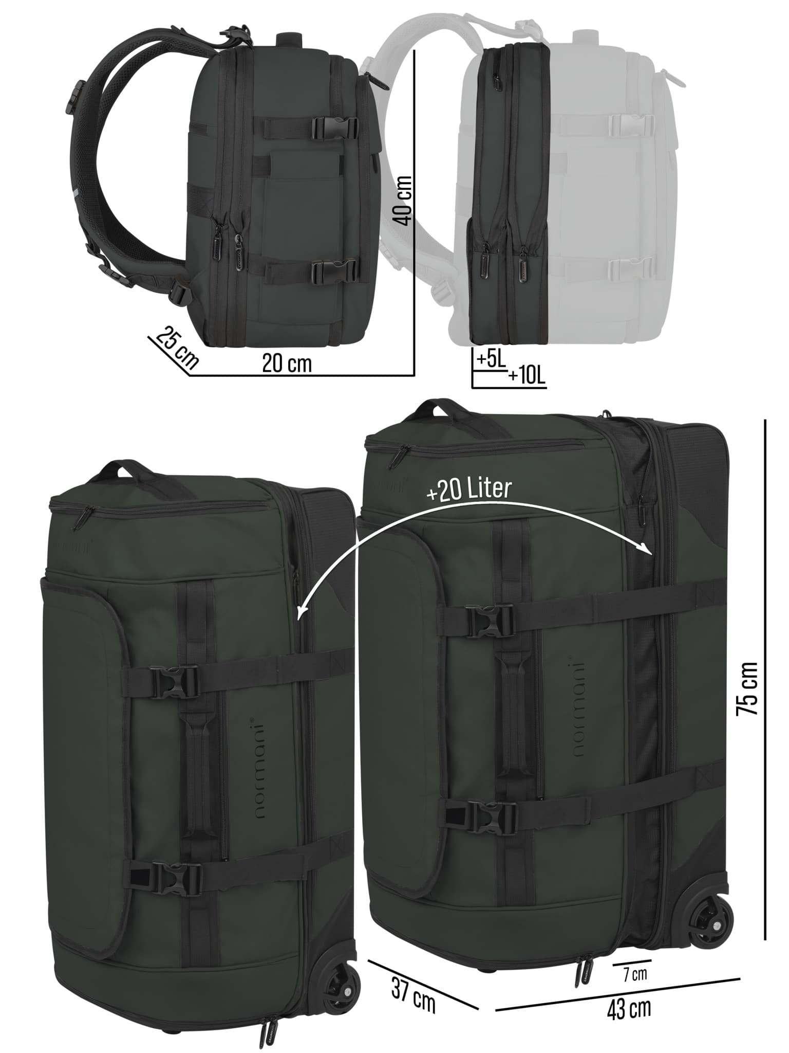 Bild von Reiseset aus Reisetrolley und erweiterbarem Handgepäck-Rucksack Oliv