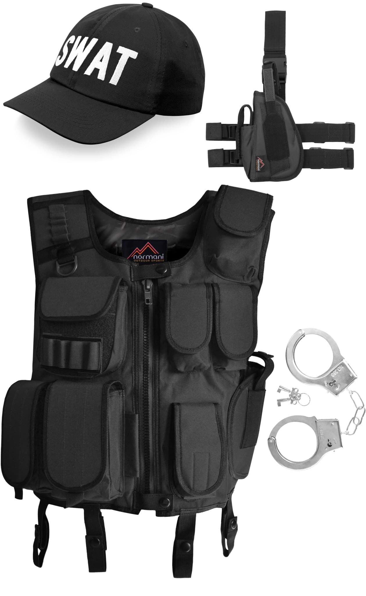 Bild von SWAT Kostüm bestehend aus Weste, Patch, Holster, Cap und Handschellen Schwarz