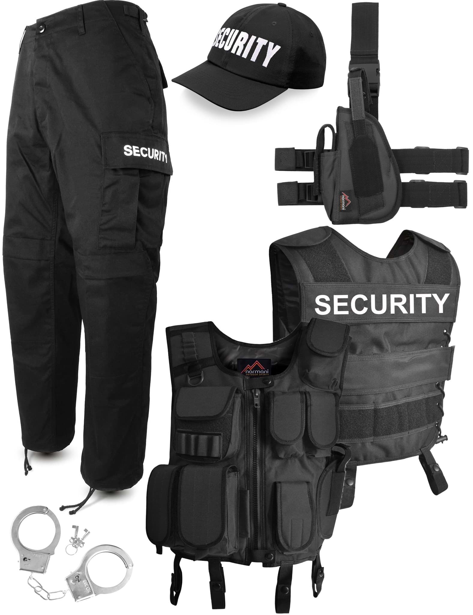. SECURITY Set mit Schriftzug auf Tactical Weste, Rangerhose und  Cap dazu Pistolenholster und Handschellen