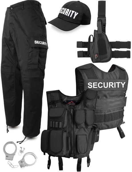 Bild von SECURITY Set mit Schriftzug auf Tactical Weste, Rangerhose und Cap dazu Pistolenholster und Handschellen Schwarz