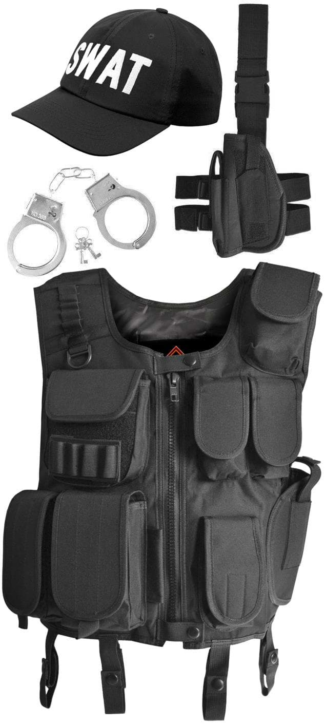 Bild von SWAT Kostüm bestehend aus Weste, Patch, Holster, Cap und Handschellen Schwarz