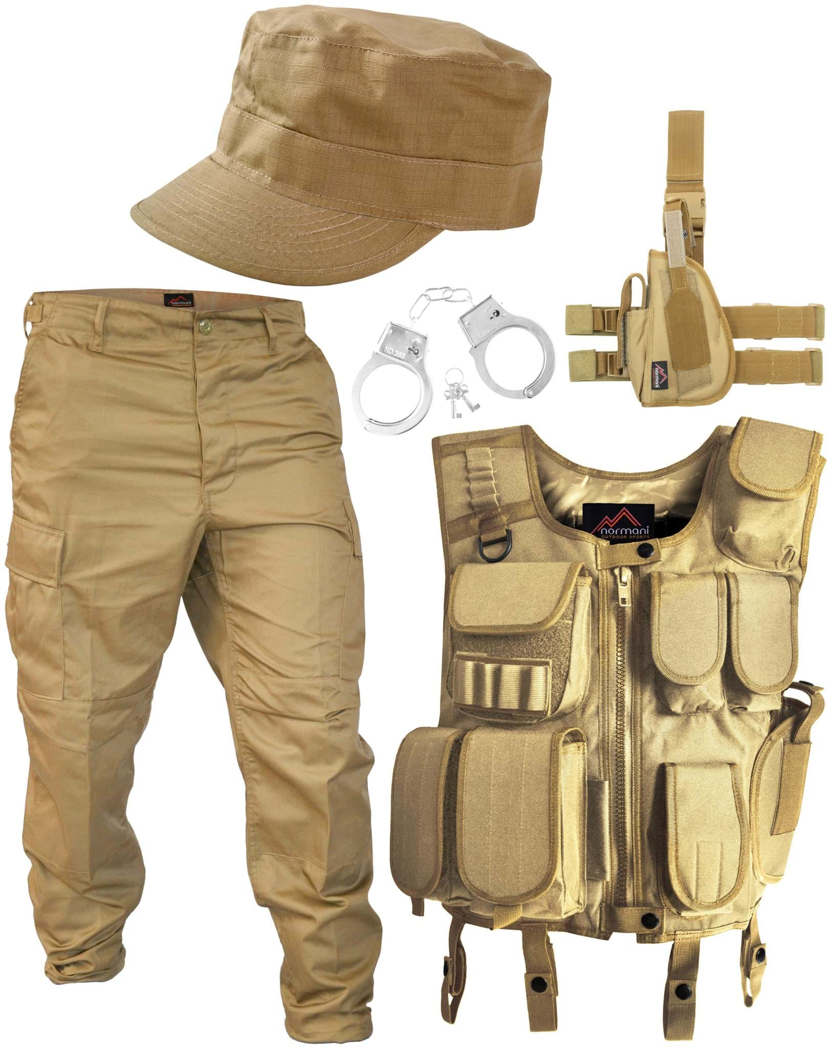 Bild von DESERT Kostüm bestehend aus Weste, Hose, Holster, BDU Cap und Handschellen Coyote